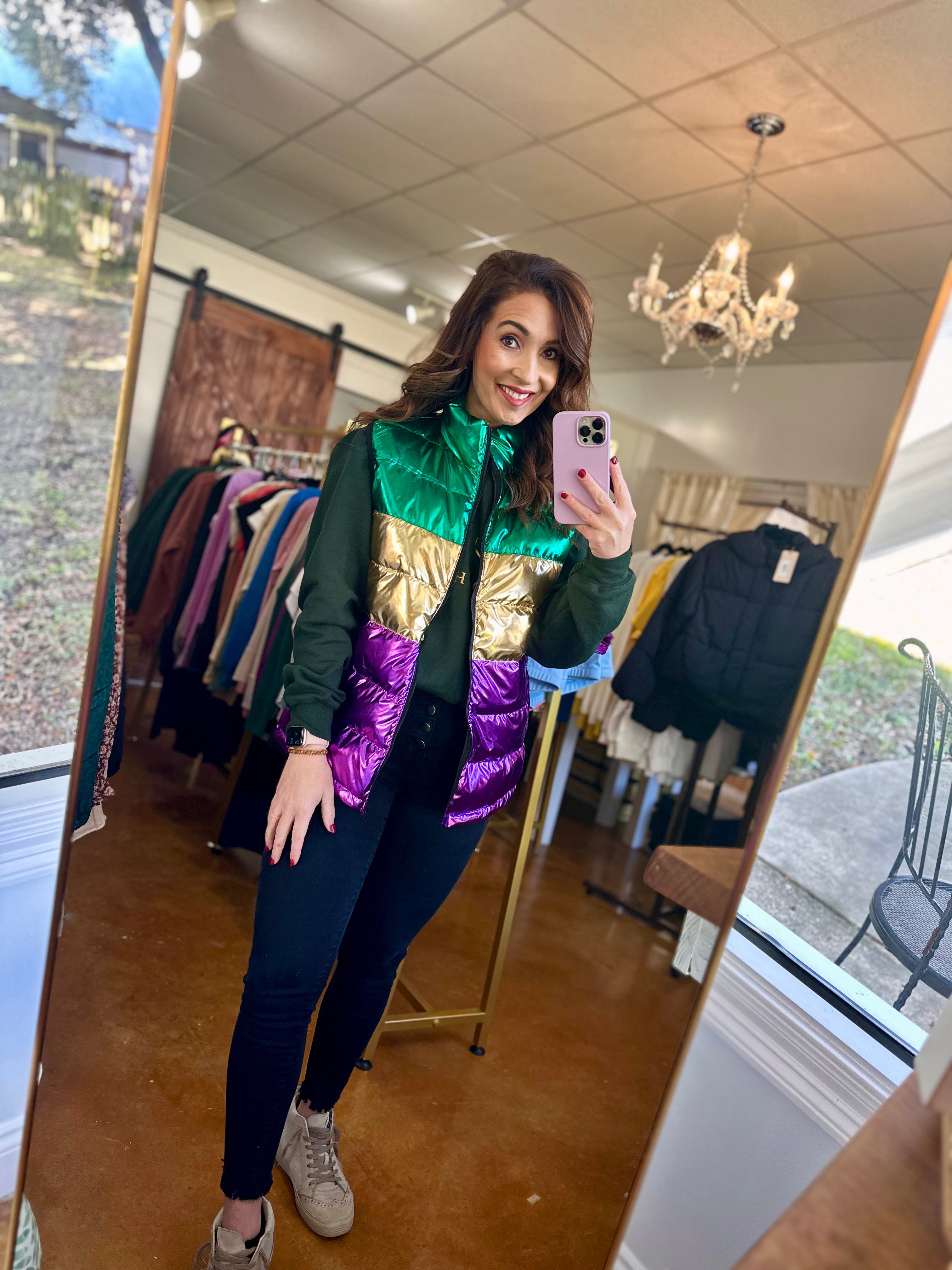 mardi gras color block puffer vest