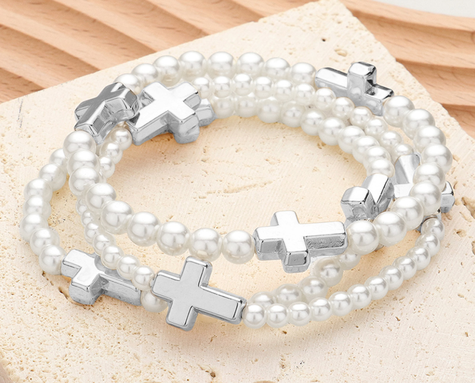 Metal Cross Pointed Pearl Beaded Stretch Multi Layered Bracelets