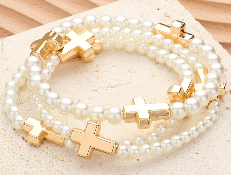 Metal Cross Pointed Pearl Beaded Stretch Multi Layered Bracelets