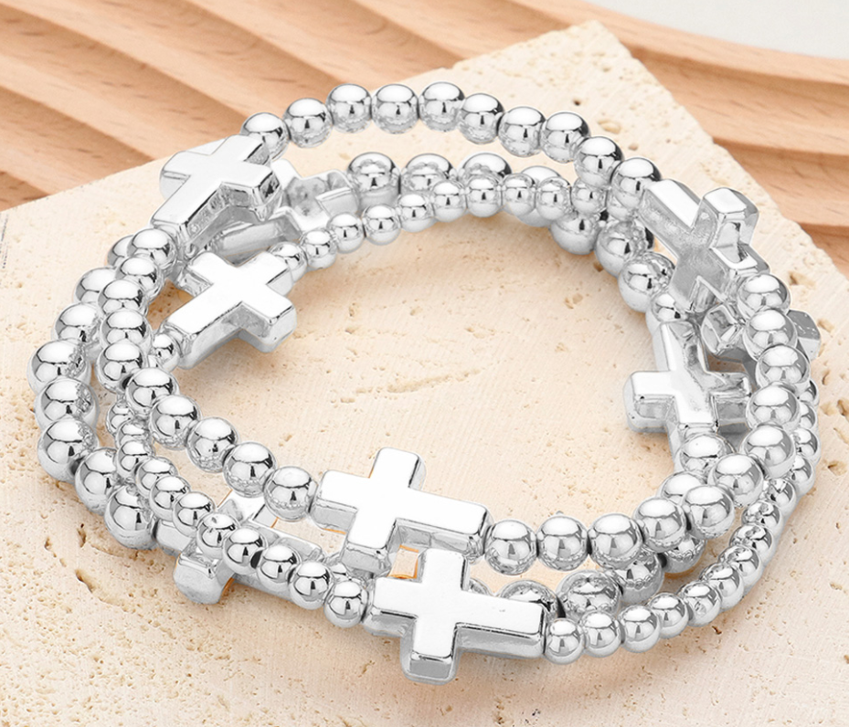 Metal Cross Pointed Pearl Beaded Stretch Multi Layered Bracelets