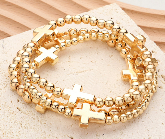 Metal Cross Pointed Pearl Beaded Stretch Multi Layered Bracelets