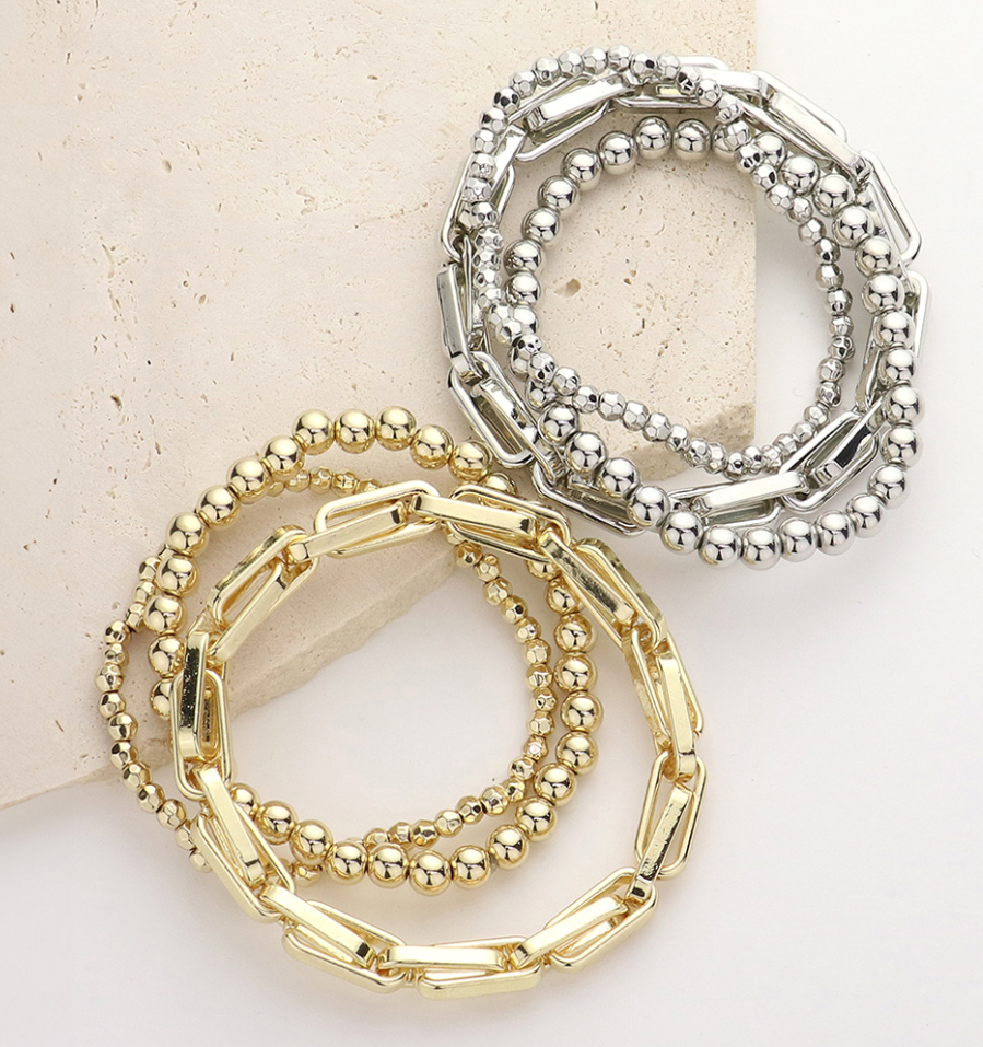 Metal Ball Chain Link Beaded Stretch Multi Layered Bracelets