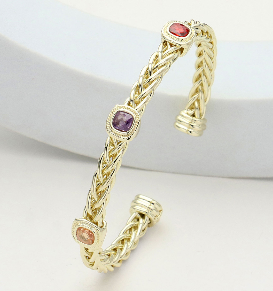 Triple CZ Cushion Square Stone Cuff Bracelet