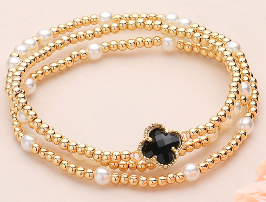 Quatrefoil Pointed Pearl Metal Ball Beaded Stretch Multi Layered Bracelets