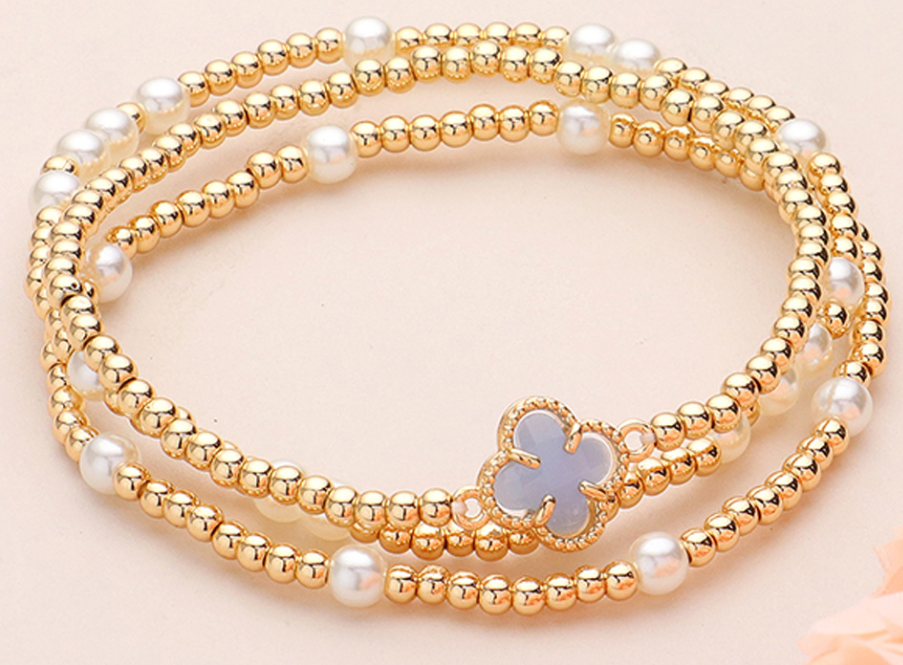 Quatrefoil Pointed Pearl Metal Ball Beaded Stretch Multi Layered Bracelets