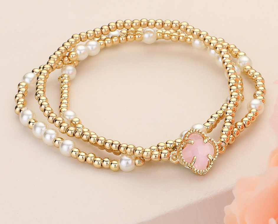 Quatrefoil Pointed Pearl Metal Ball Beaded Stretch Multi Layered Bracelets