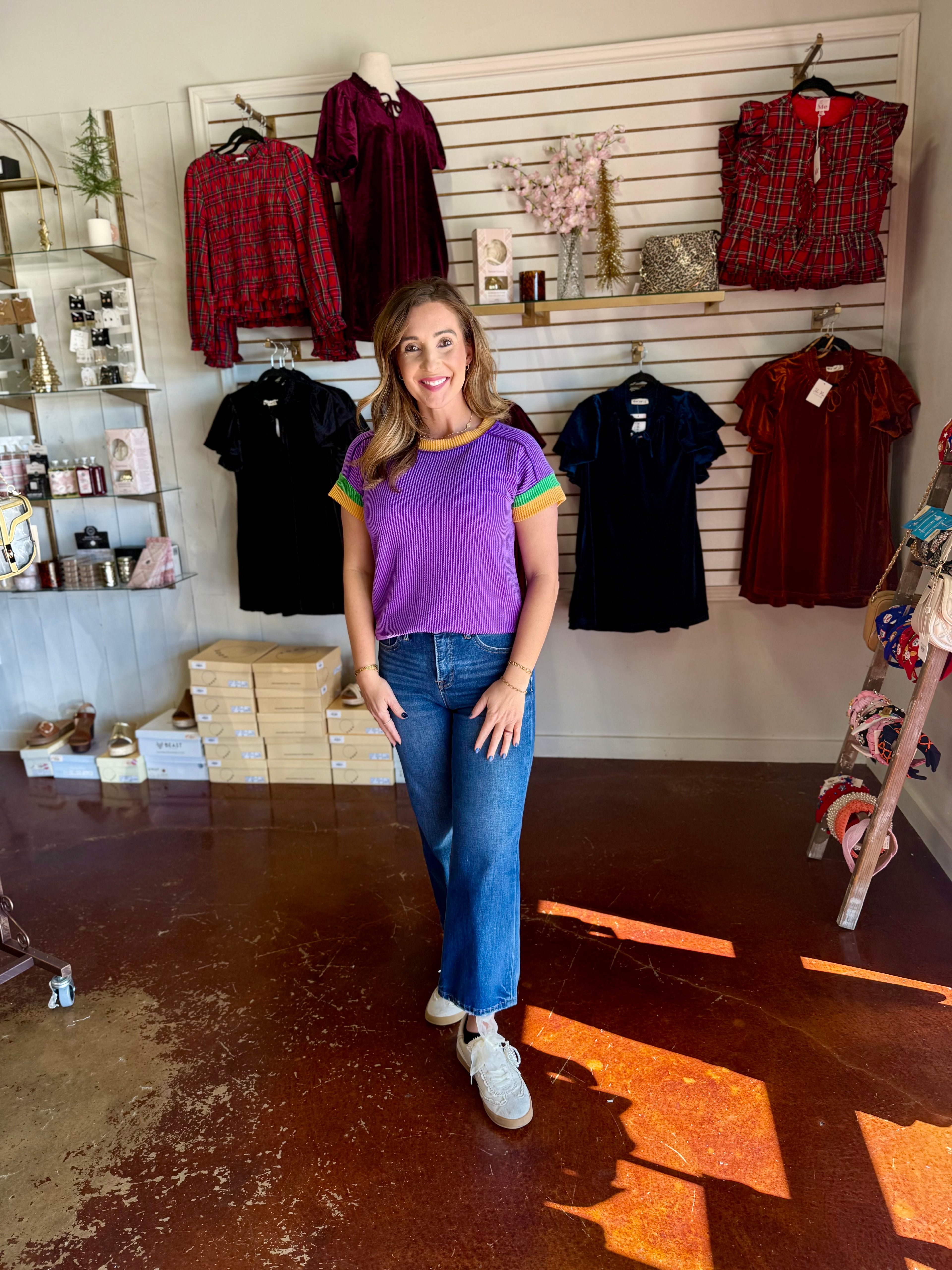 The Mardi Gras Raised Rib Contrast Trim Top