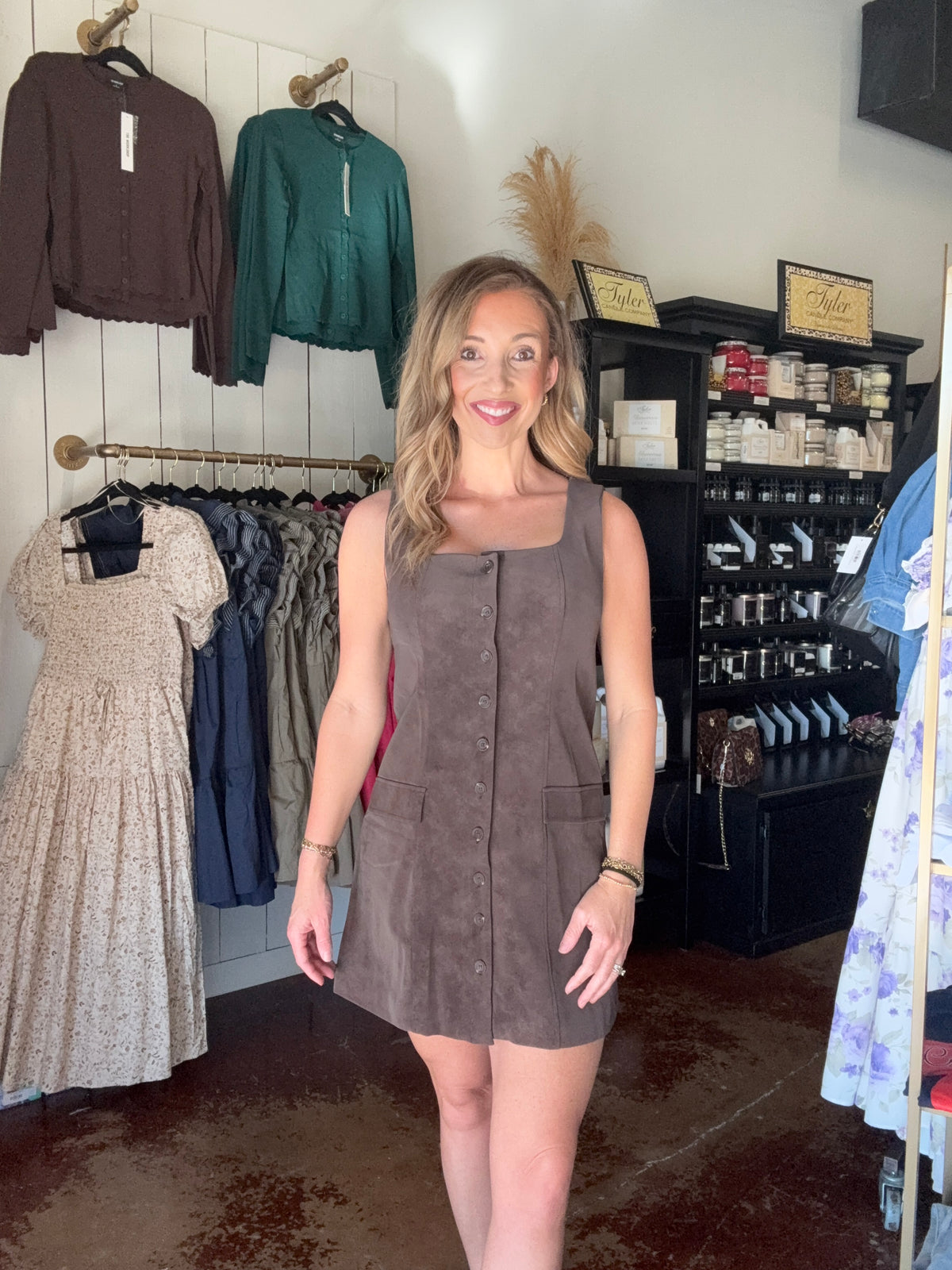 The Brown Square Neck Button Down Suede Mini Dress