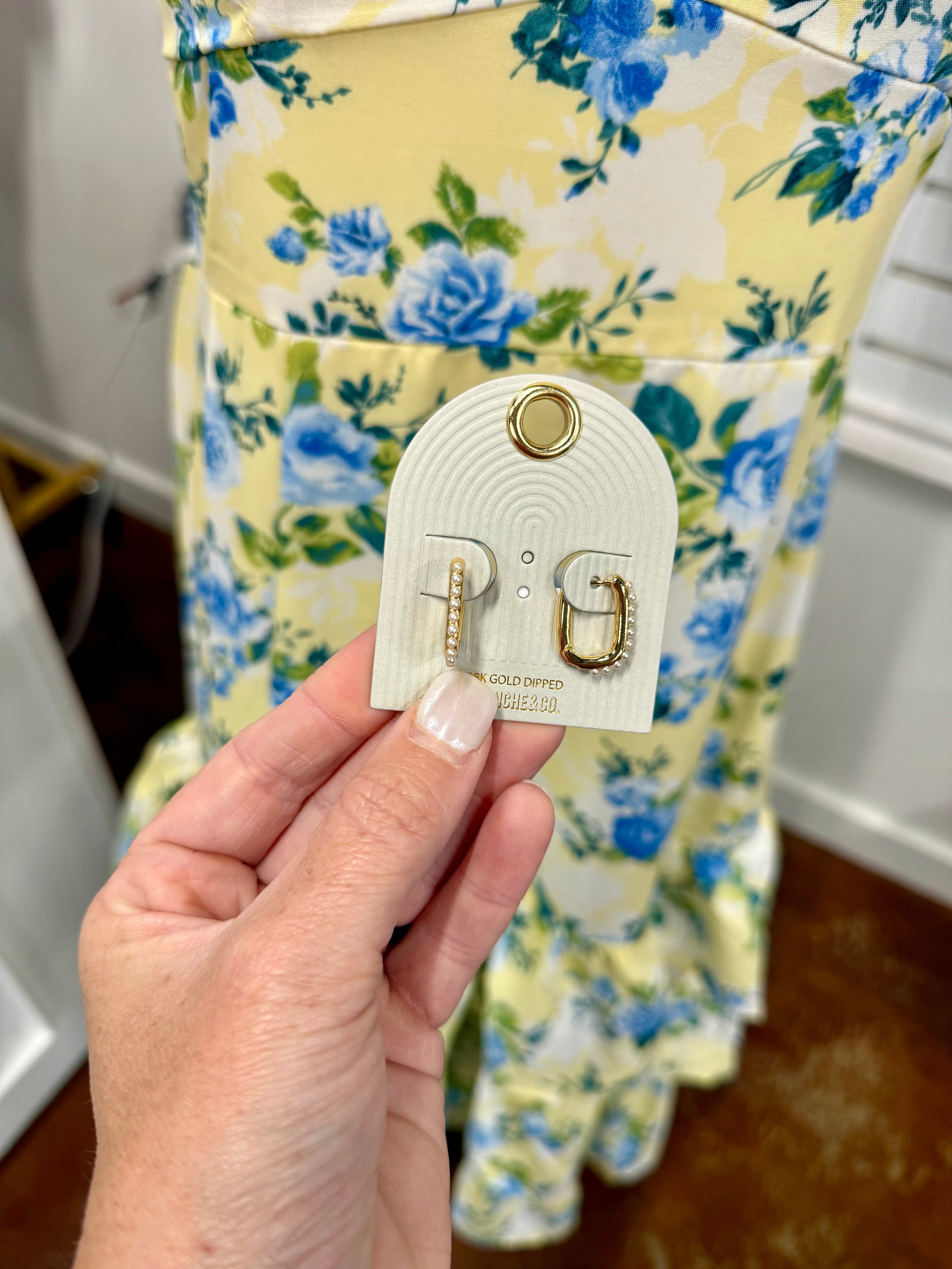 Gold Pearl Rectangle Hoops