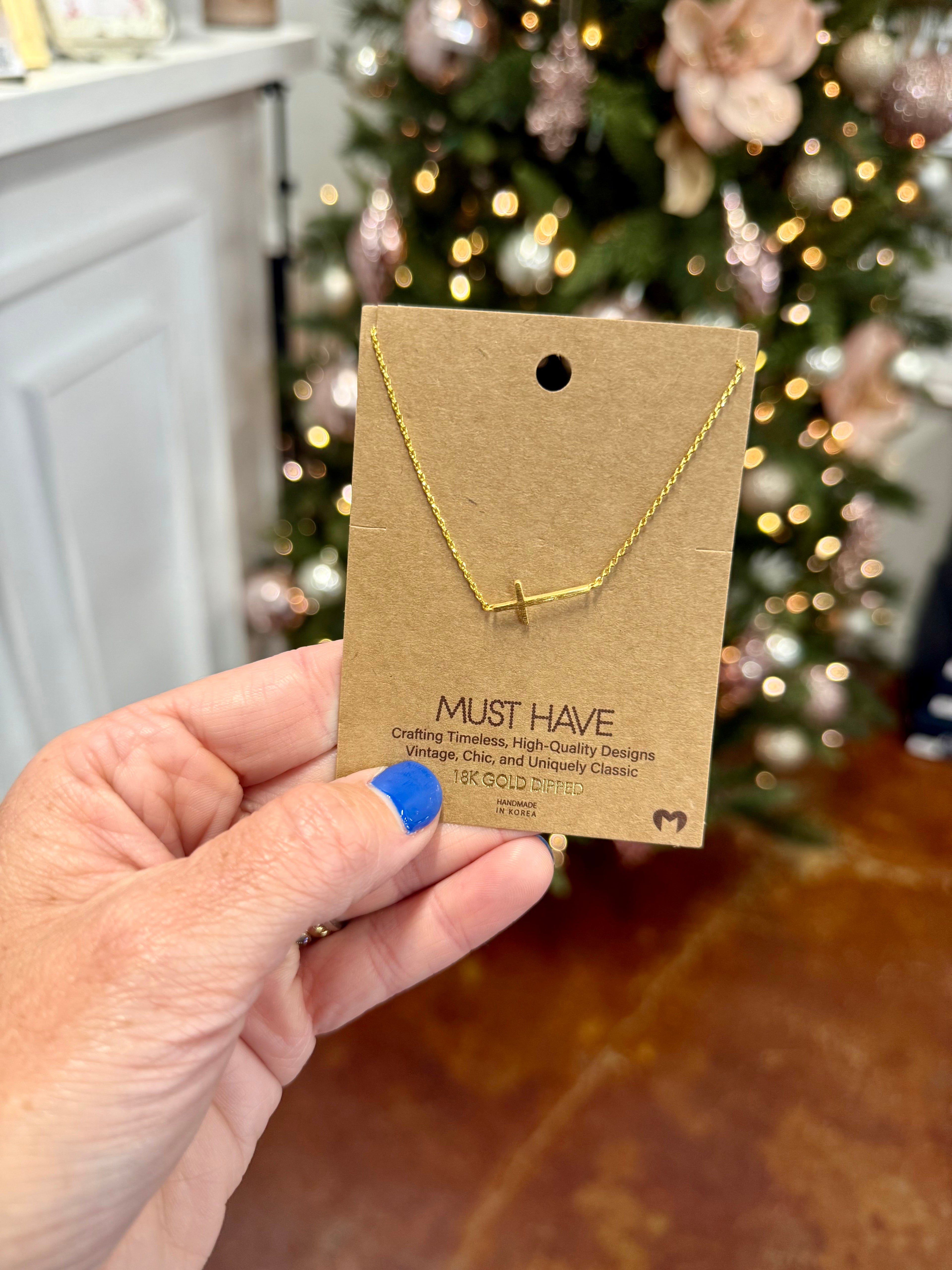 Gold Dipped Side Cross Pendant Necklace