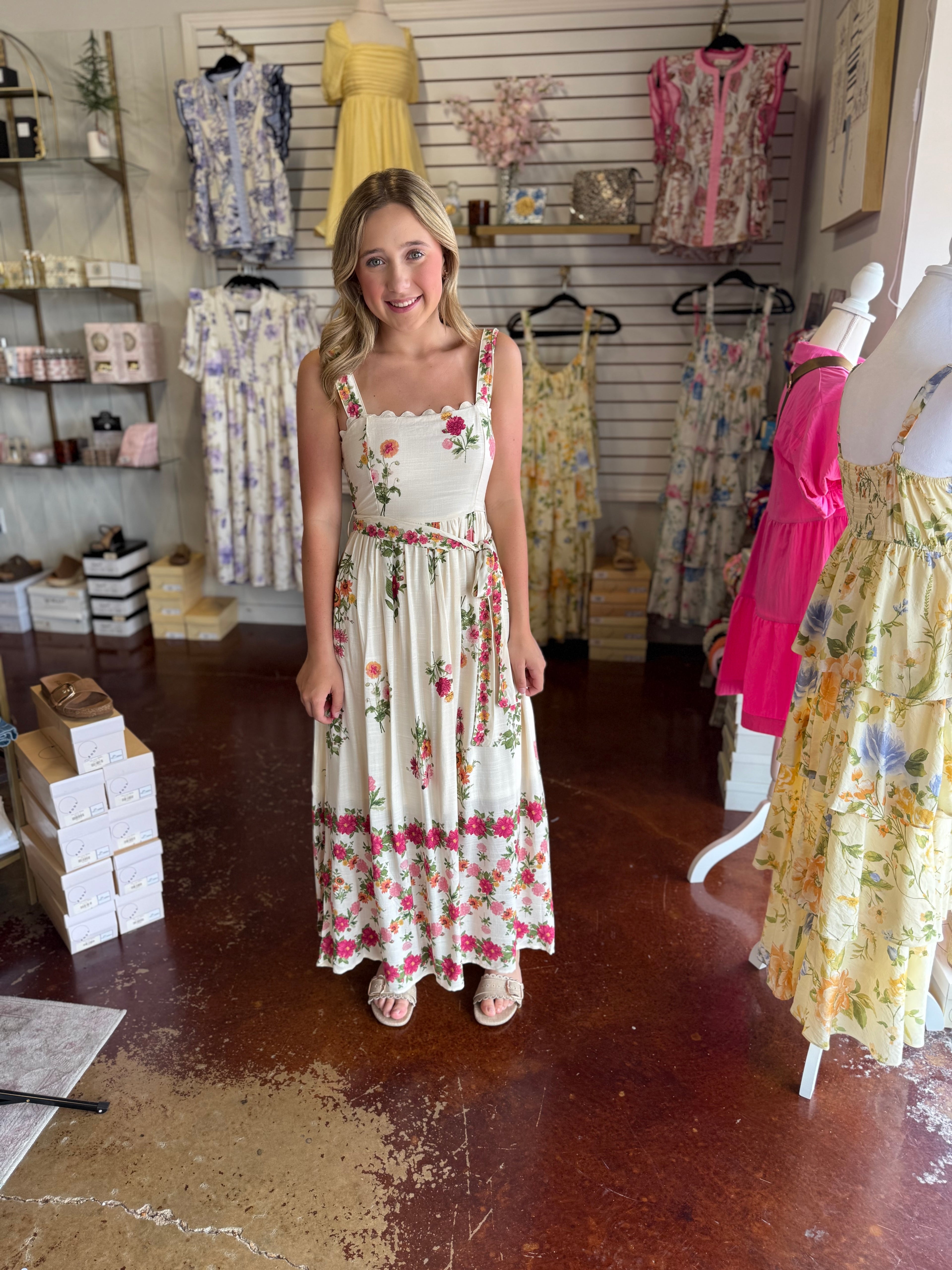 The Light Khaki Floral Border Midi Dress