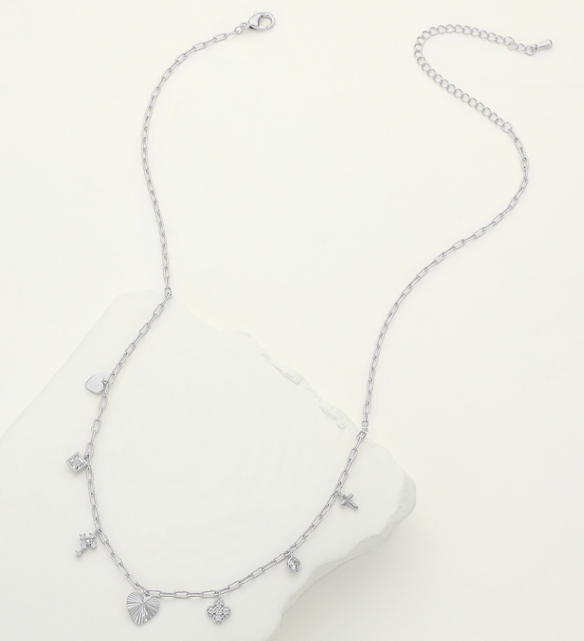 Heart Cross Quatrefoil Stone Charm Station Paperclip Chain Necklace