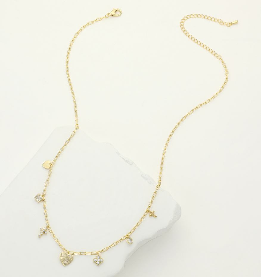 Heart Cross Quatrefoil Stone Charm Station Paperclip Chain Necklace