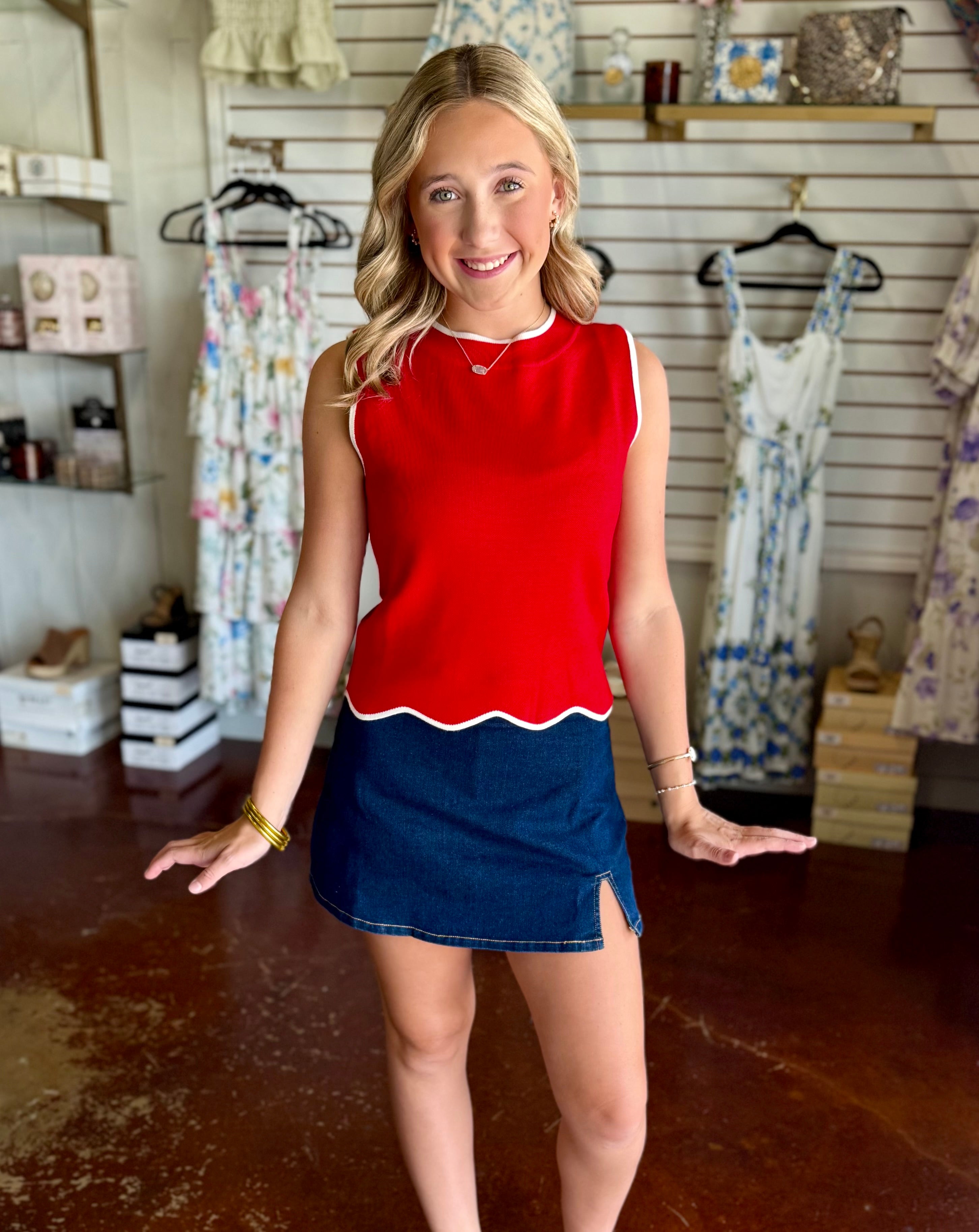 The Red Game Time Contrast Scalloped Top