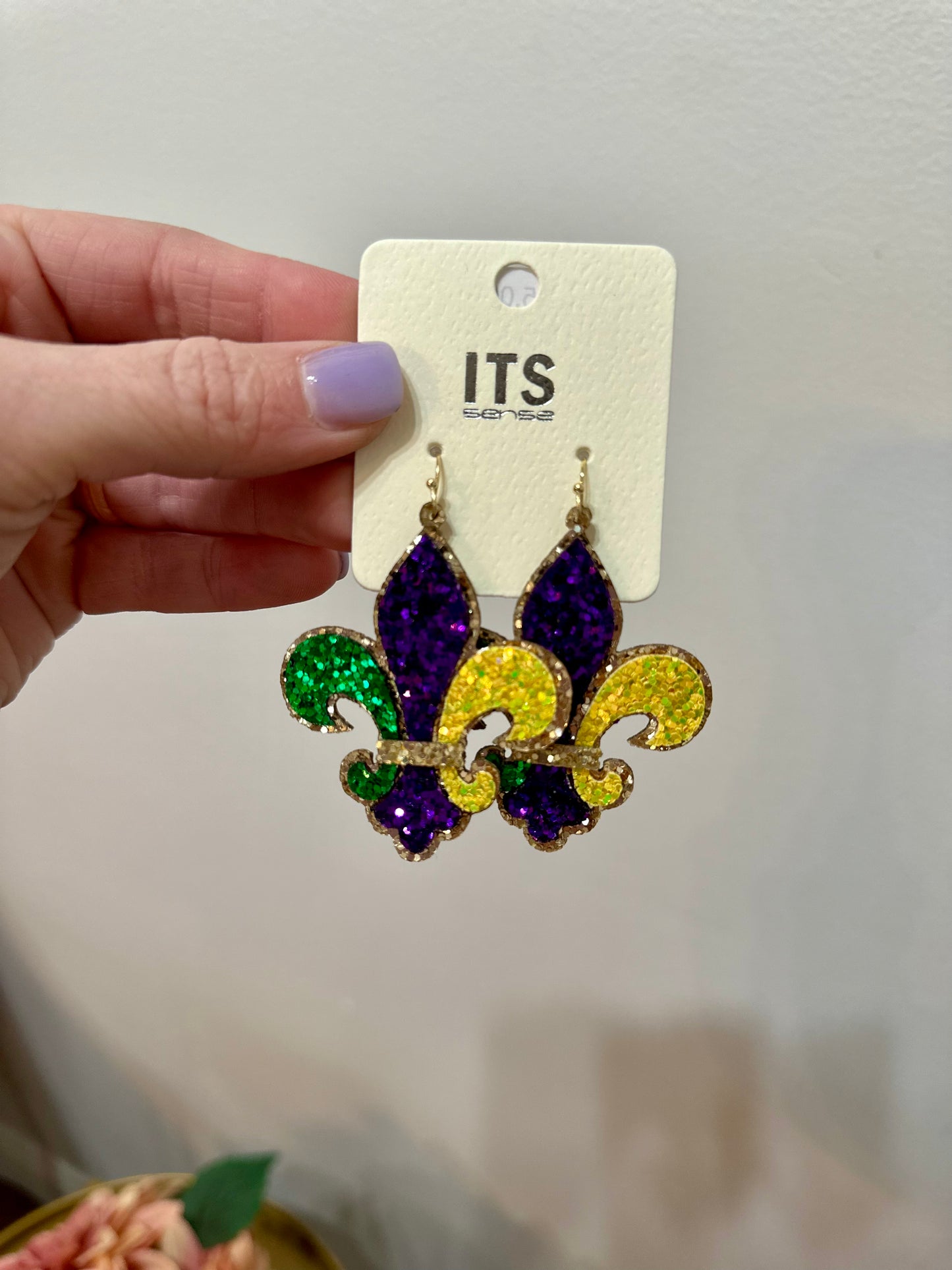 Mardi Gras Glittered Fleur de Lis Dangle Earrings