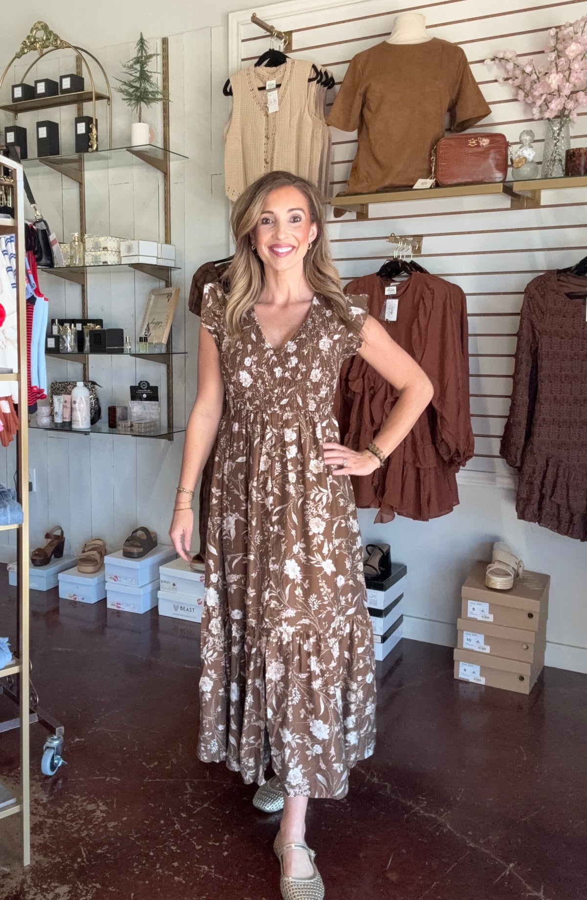 The Brown Floral Smocked V Neck Button Down Midi Dress