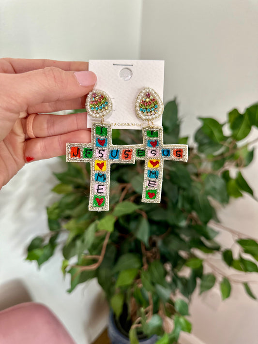 JESUS Message Beaded Cross Dangle Earrings