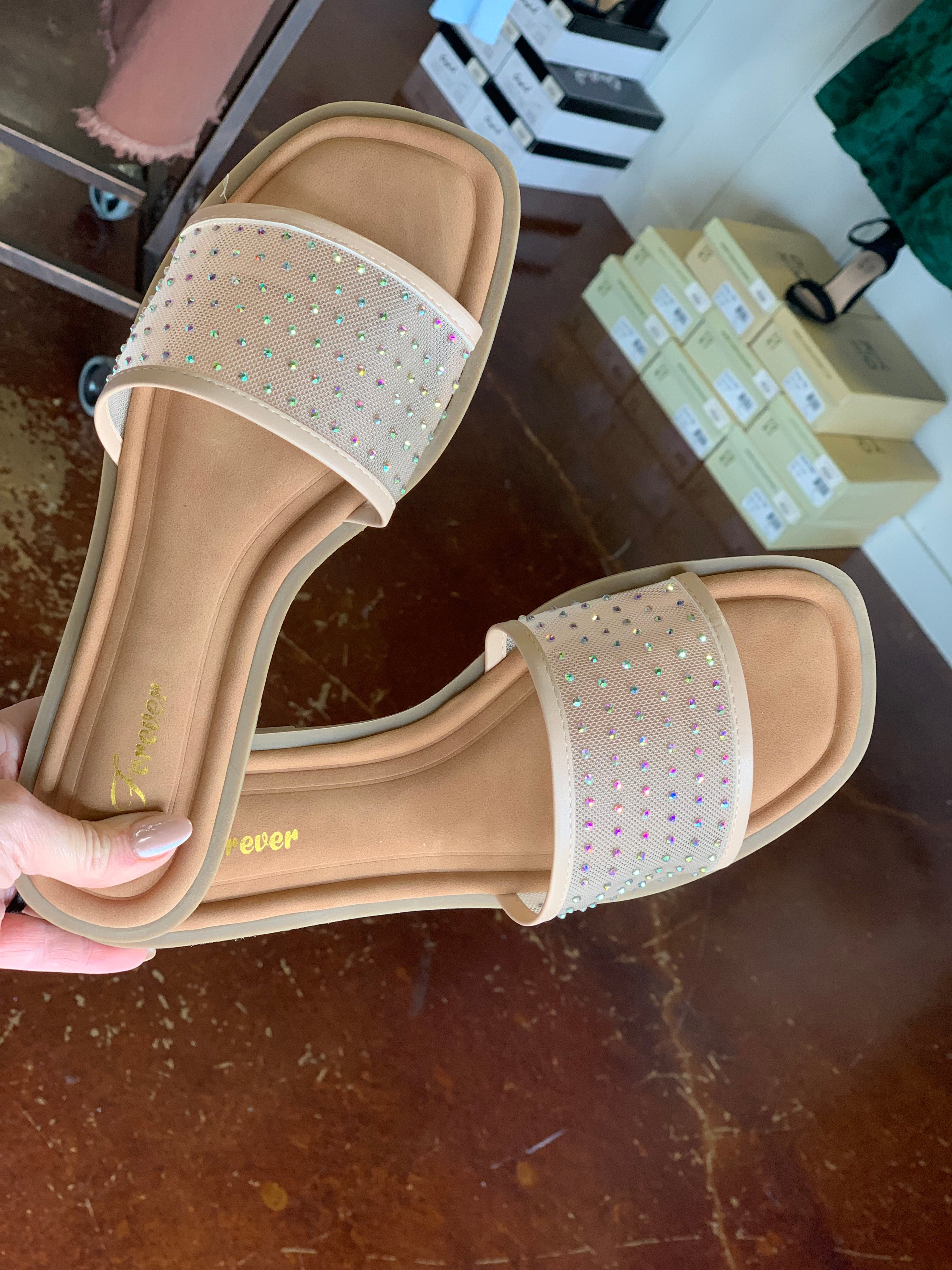 The Nude Rhinestone Mesh Slides