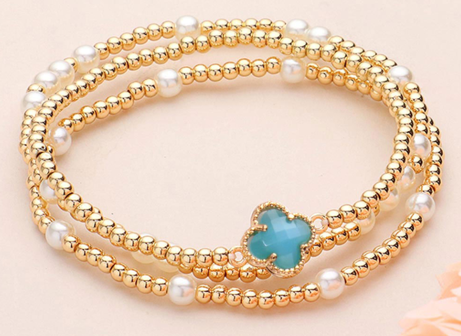 Quatrefoil Pointed Pearl Metal Ball Beaded Stretch Multi Layered Bracelets