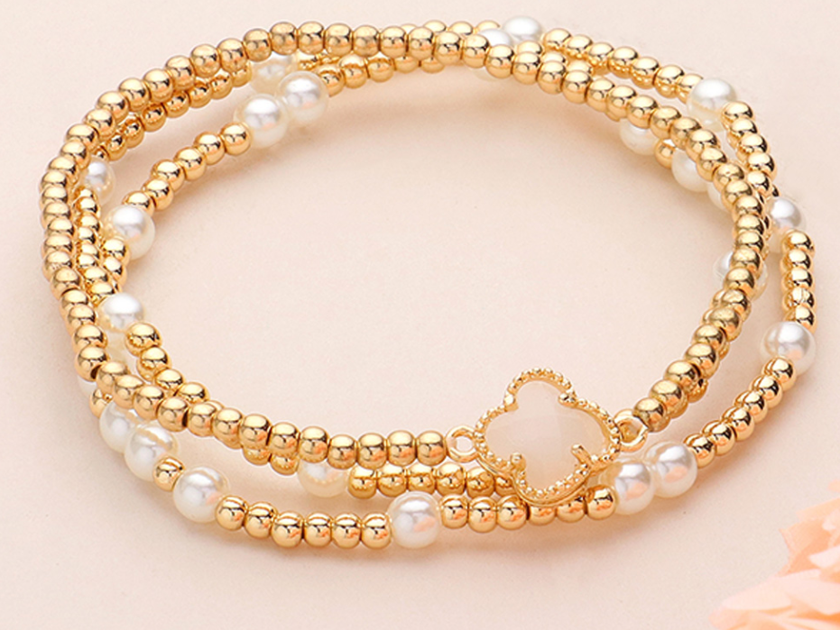 Quatrefoil Pointed Pearl Metal Ball Beaded Stretch Multi Layered Bracelets