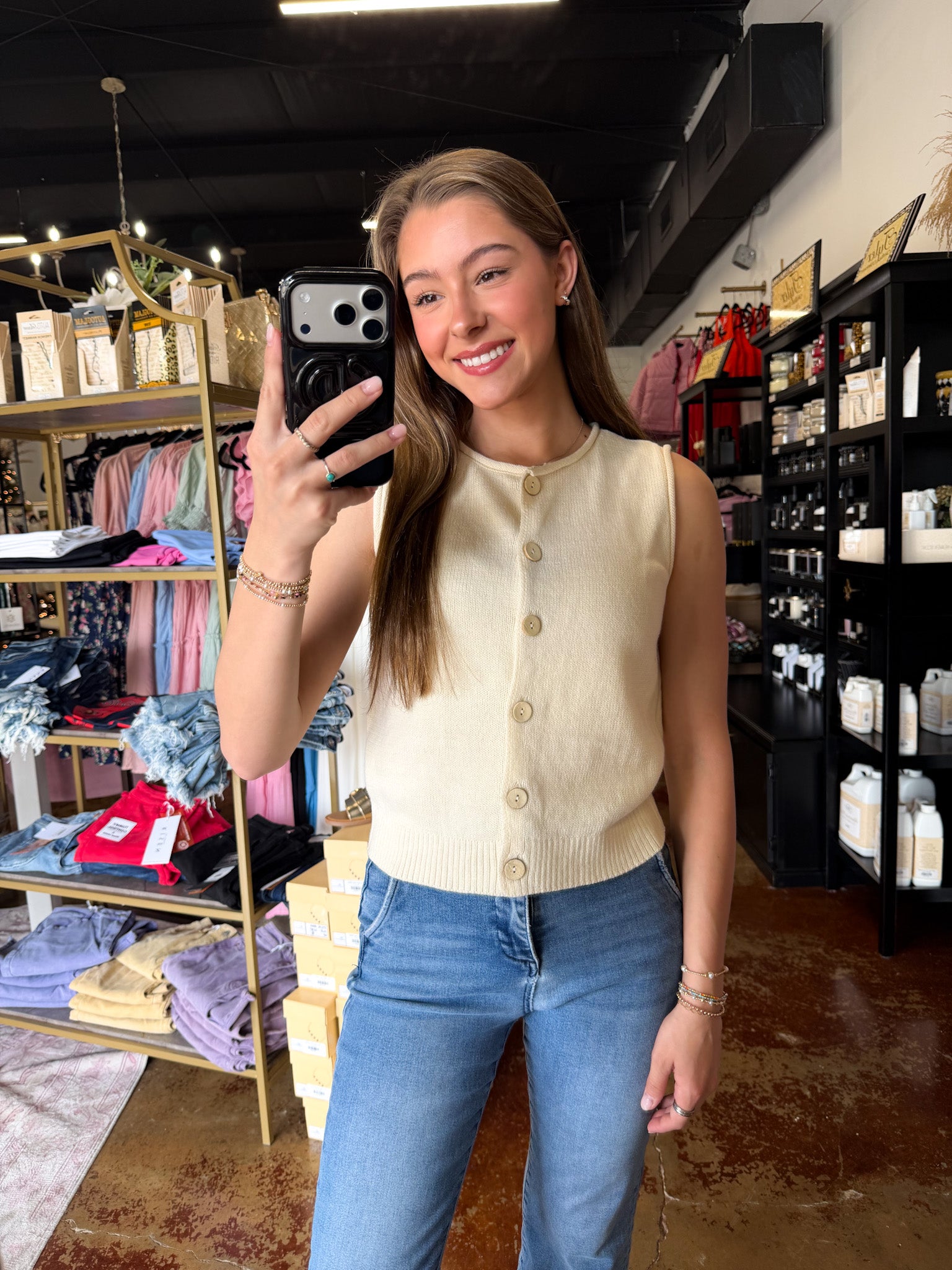 The Cream Button Down Knit Cardigan Vest Top