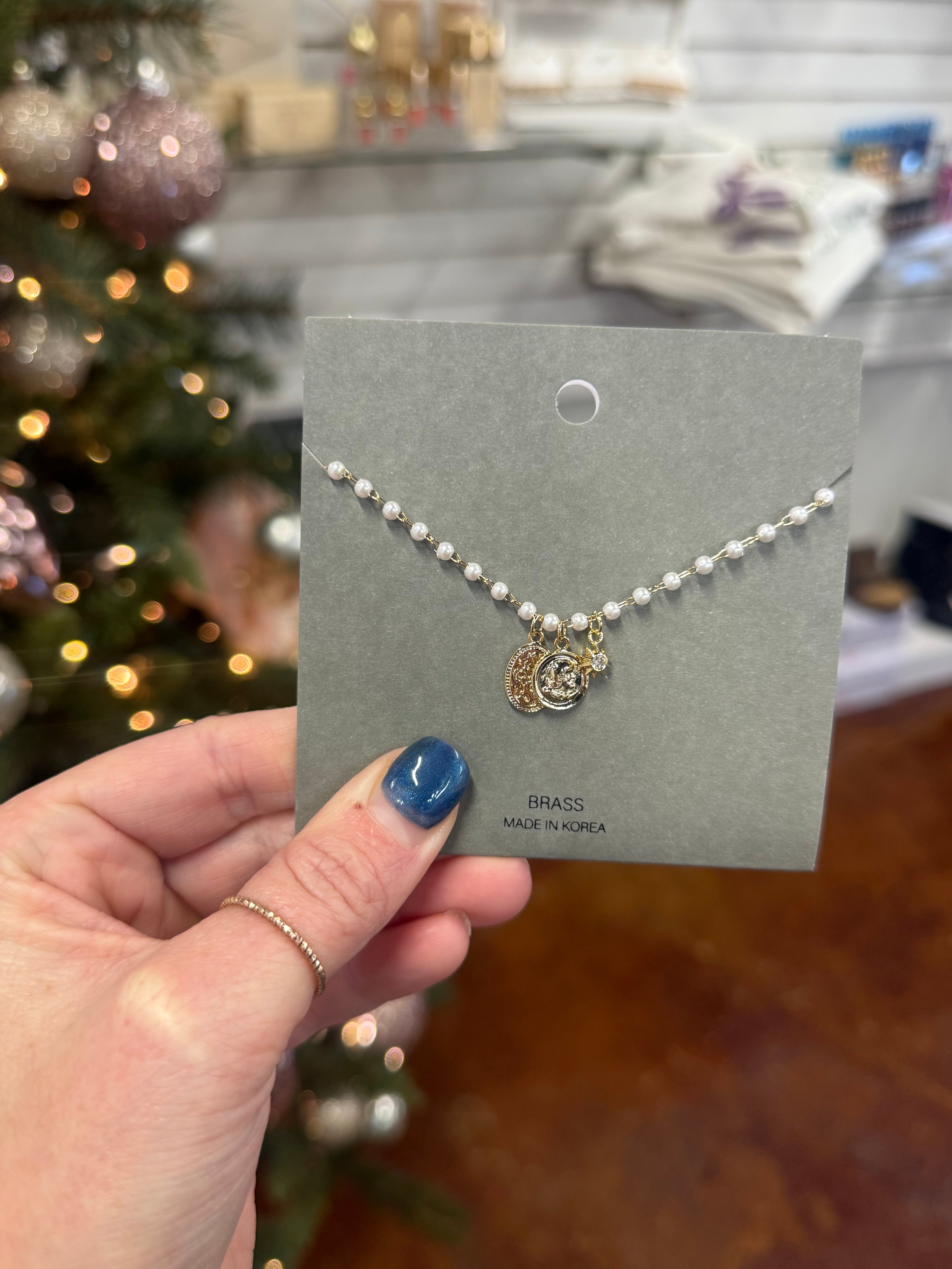 Multi Charms Pearl Station Chain Necklace