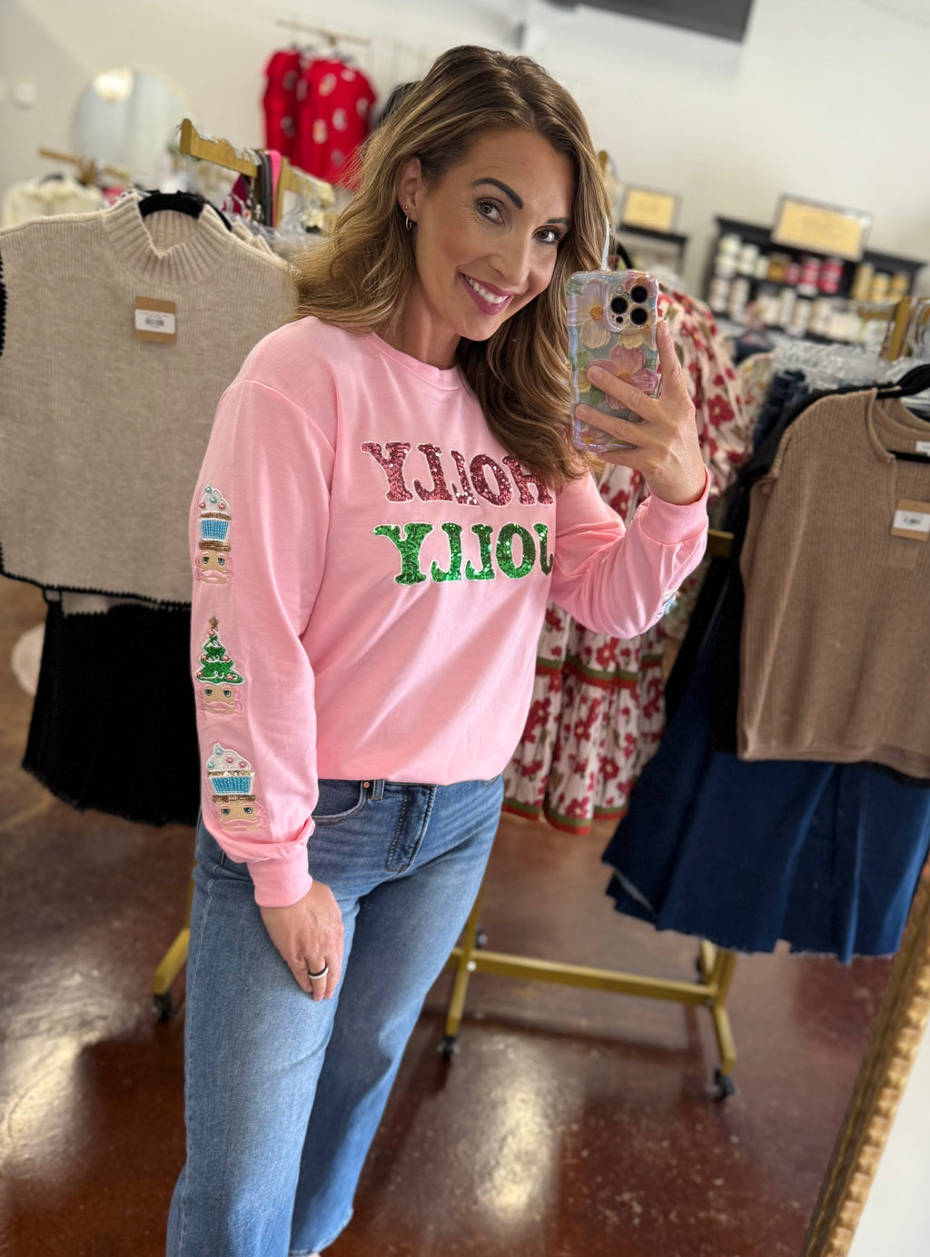 The Sequin "Holly Jolly" Pink Sweatshirt