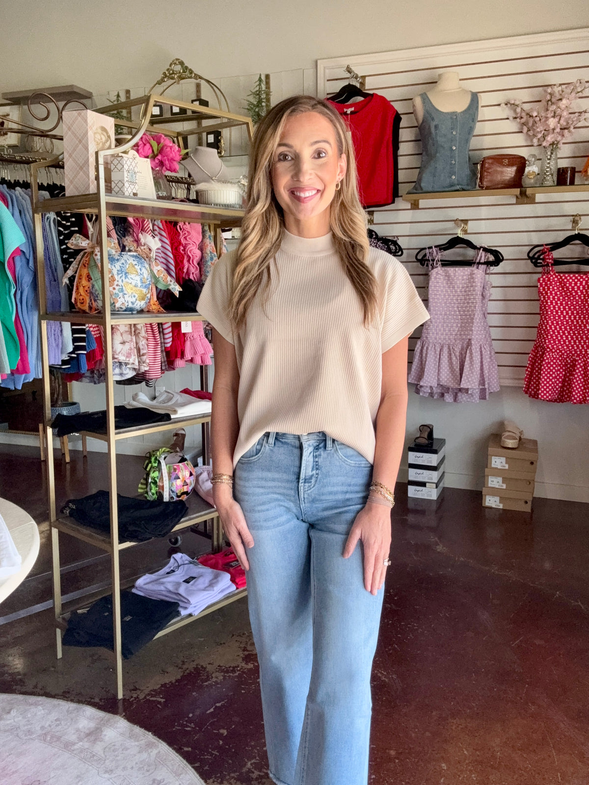 The Sand Beige Viscose Mock Neck Short Sleeve Boxy Sweater