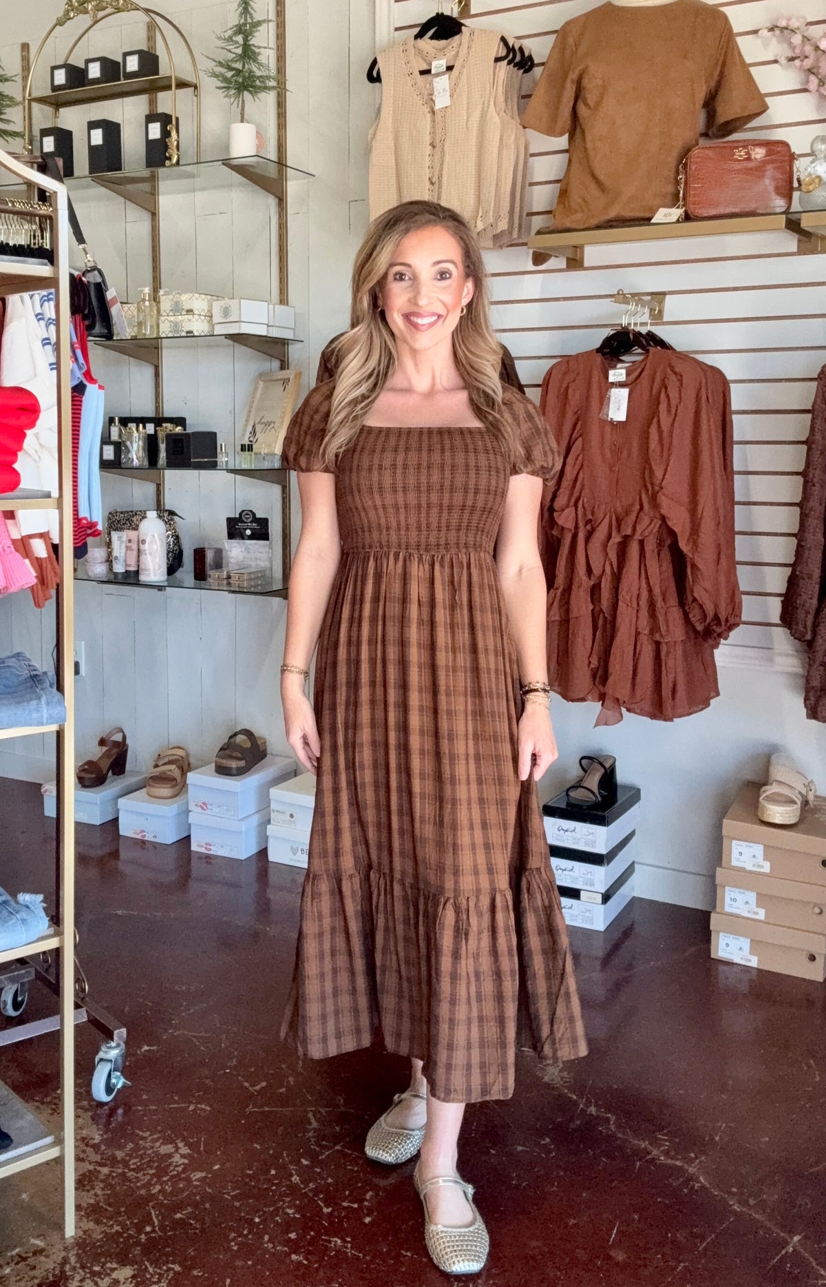 Plaid Smocked Puff Sleeve Tiered Midi Dress