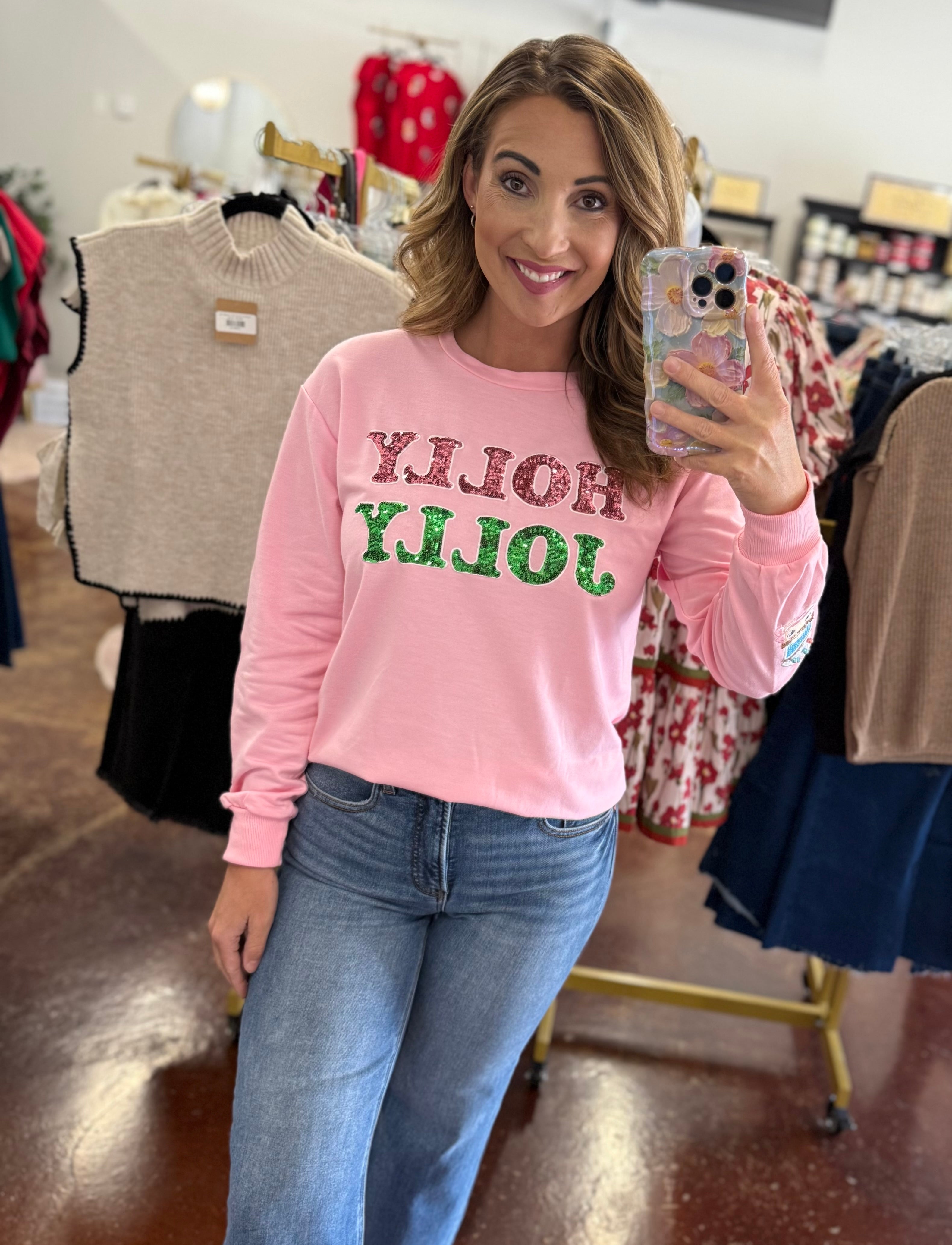 The Sequin "Holly Jolly" Pink Sweatshirt