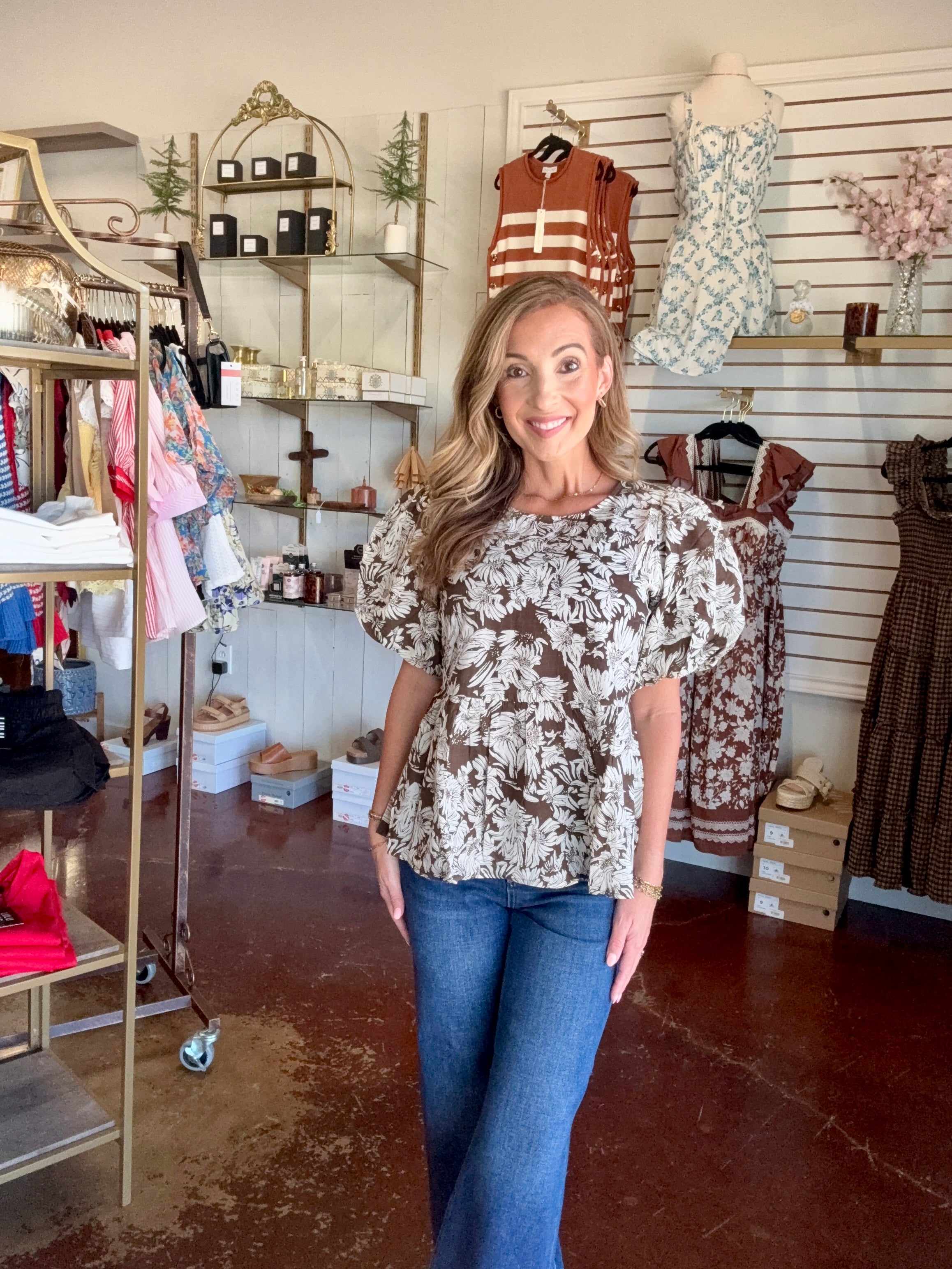 The Brown Puff Sleeve Woven Top
