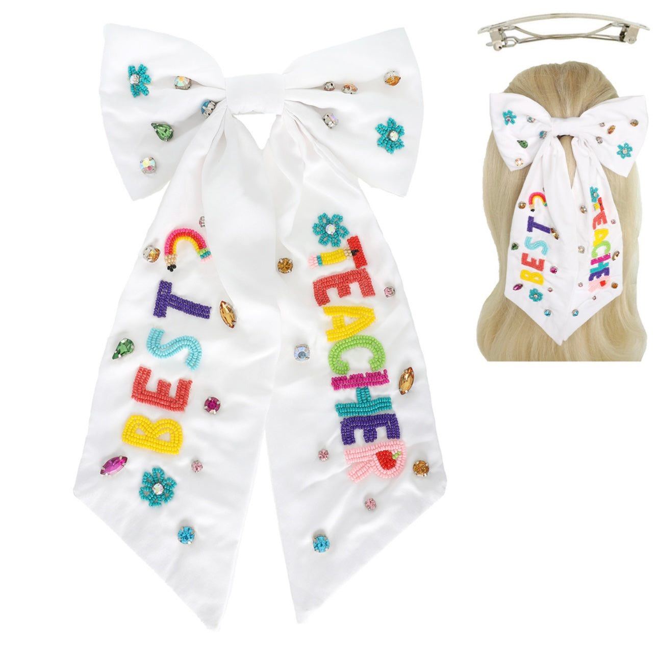 White Best Teacher Beaded Hair Bow