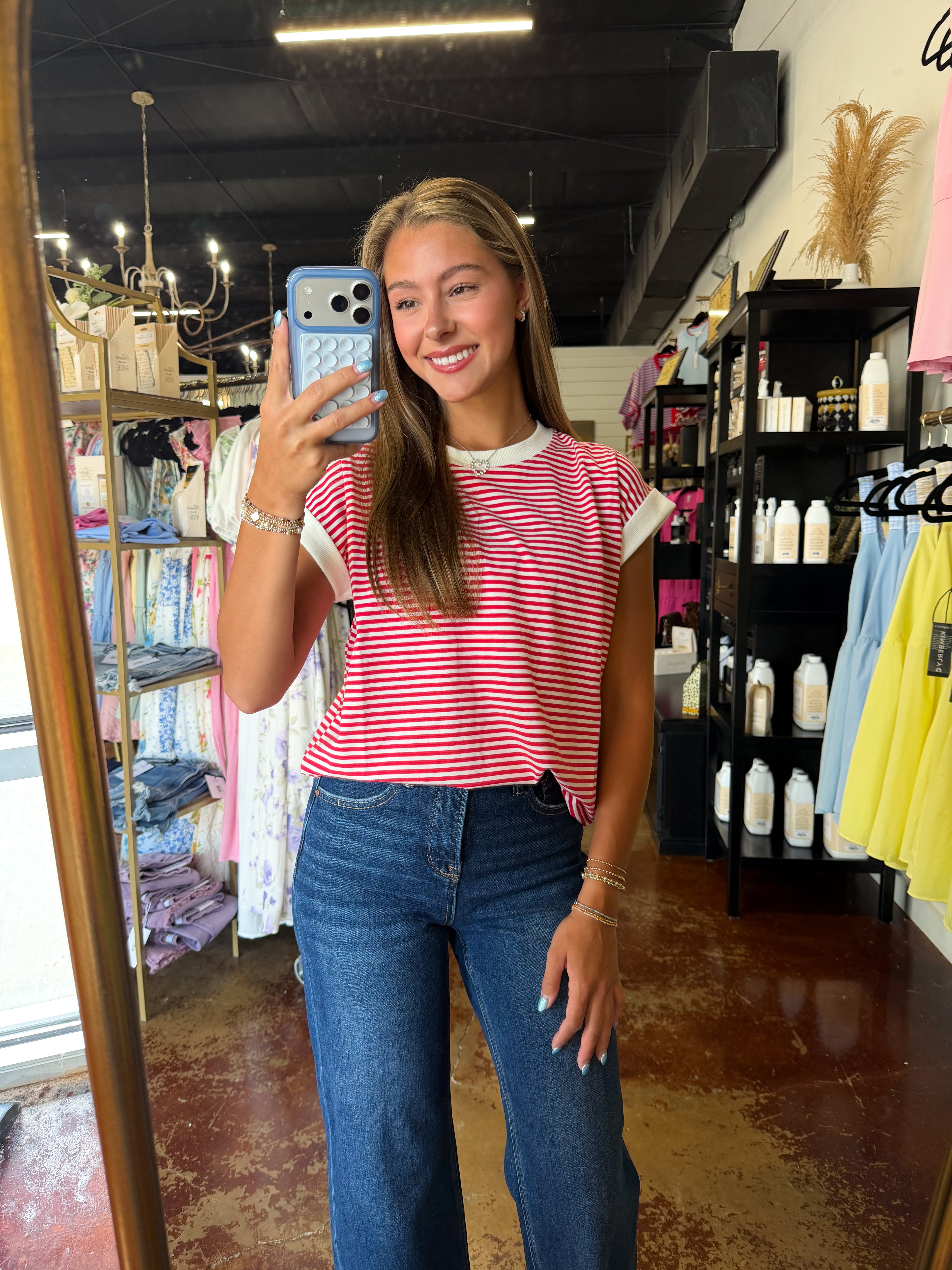 The Red Stripe Contrast Trim Rib Banded Top