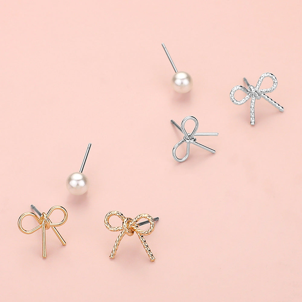 Pearl Metal Bow Stud Earrings Set