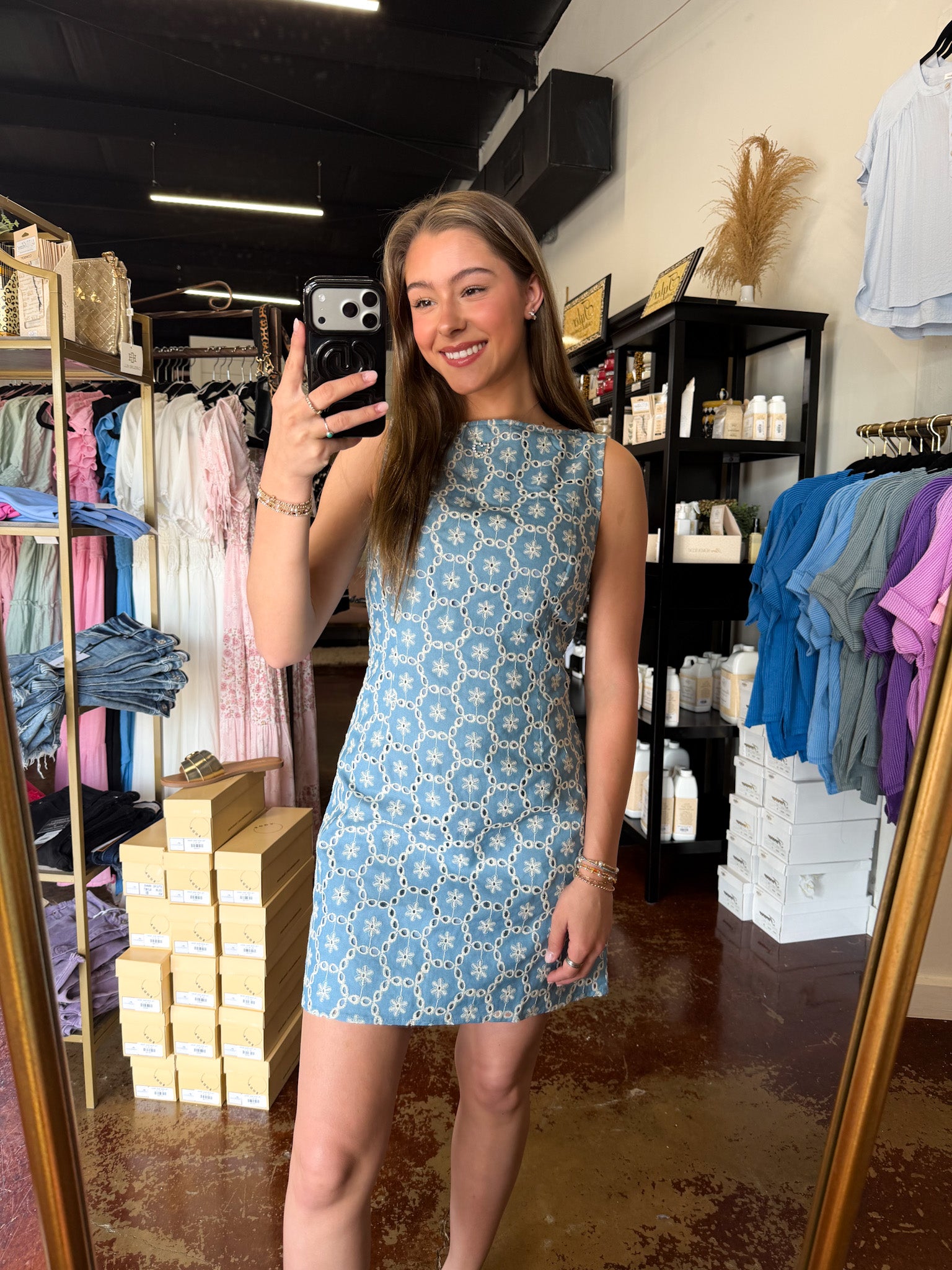 The Eyelet Sleeveless Denim Mini Dress