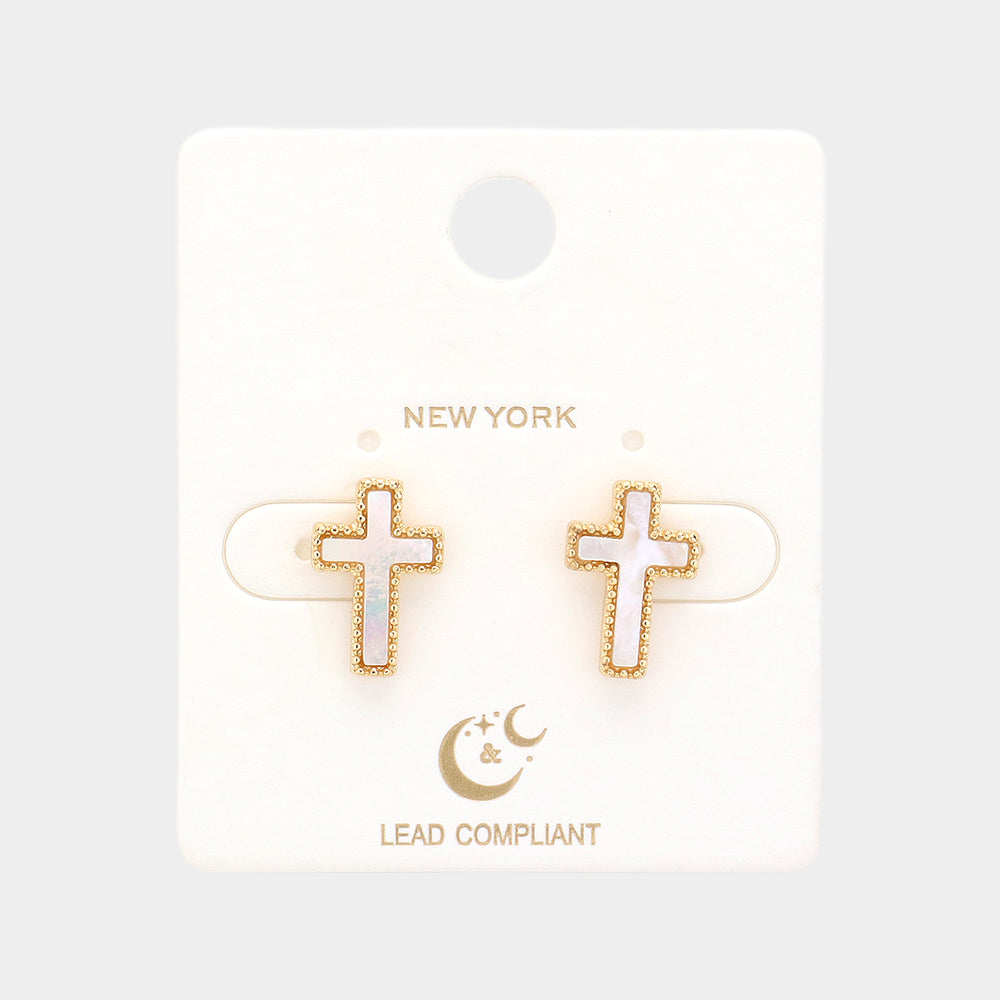 Mother Of Pearl Cross Stud Earrings