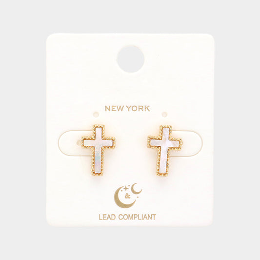 Mother Of Pearl Cross Stud Earrings