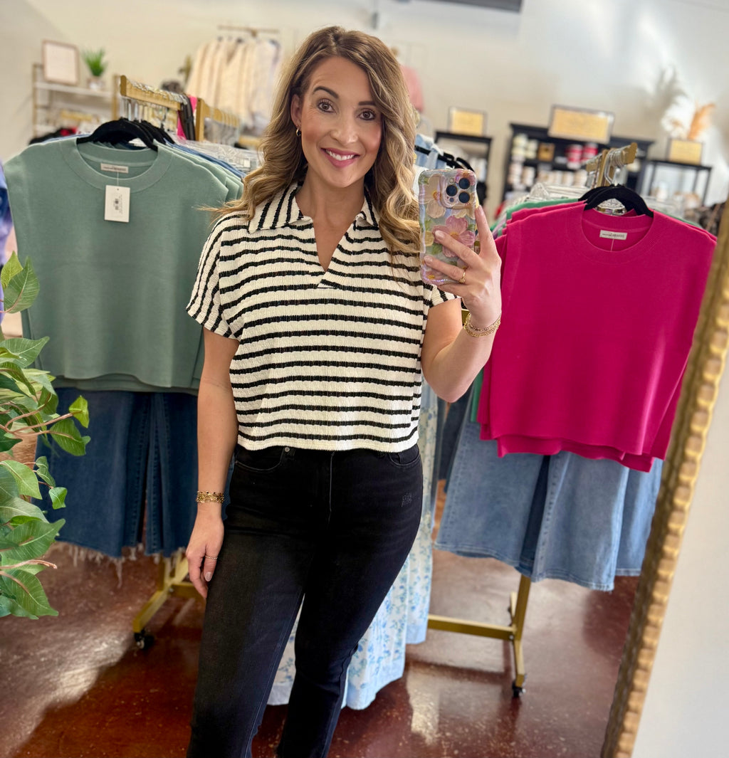 The Striped Split Neck Collared Top
