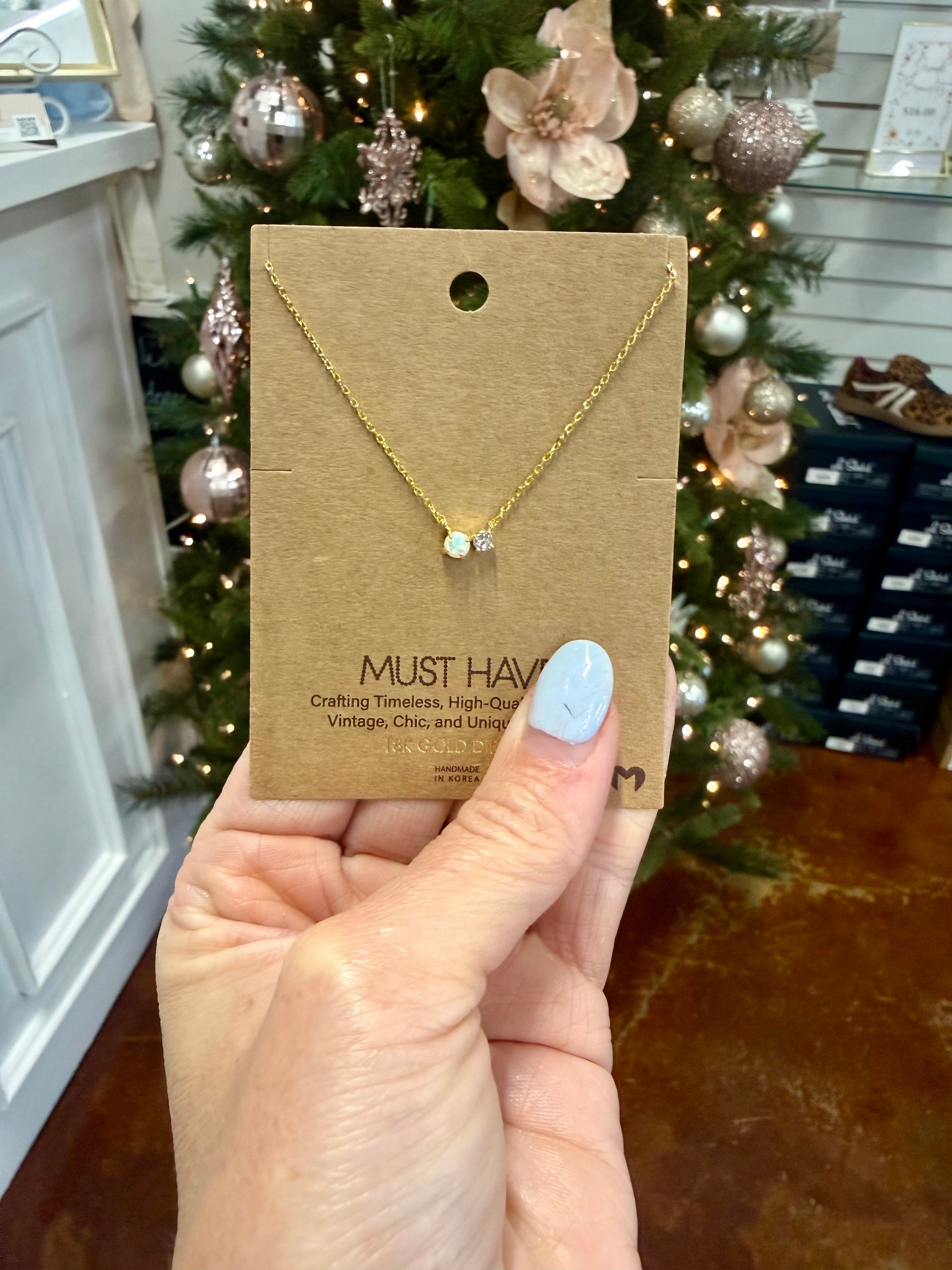 Dainty Chain Opal Rhinestone Charm Necklace
