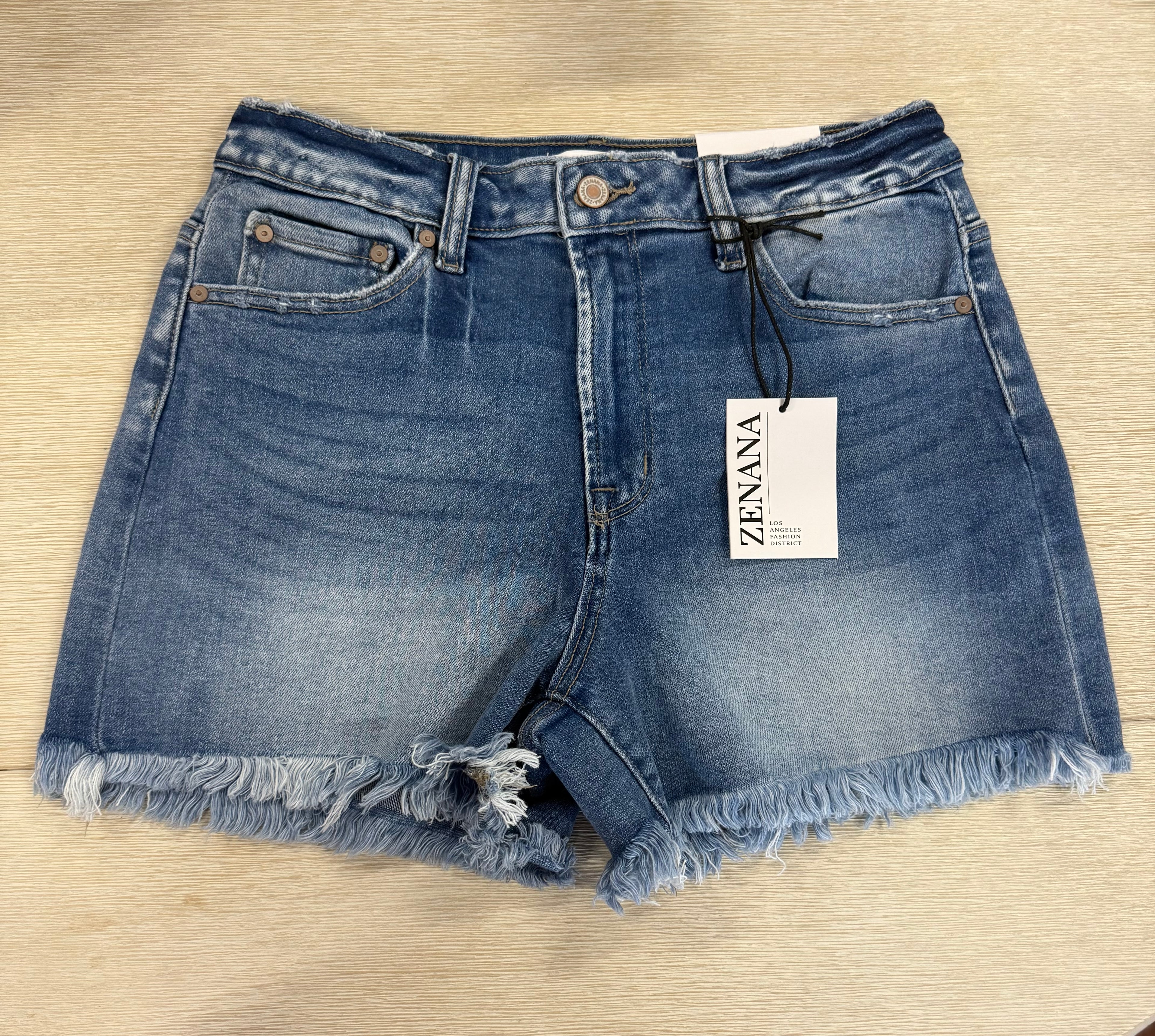 The Zenana Mid Rise Raw Frayed Hem Denim Shorts
