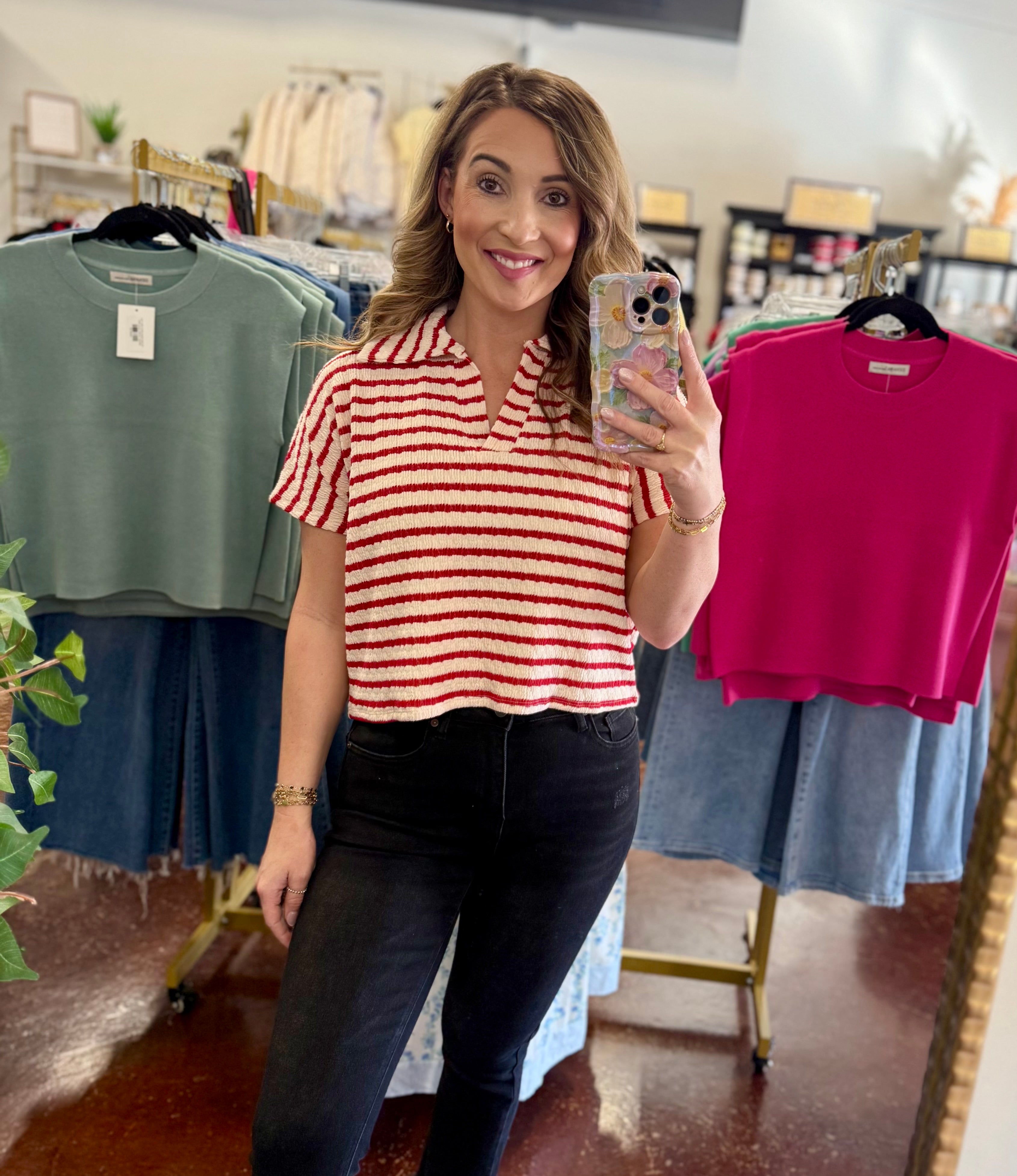 The Striped Split Neck Collared Top