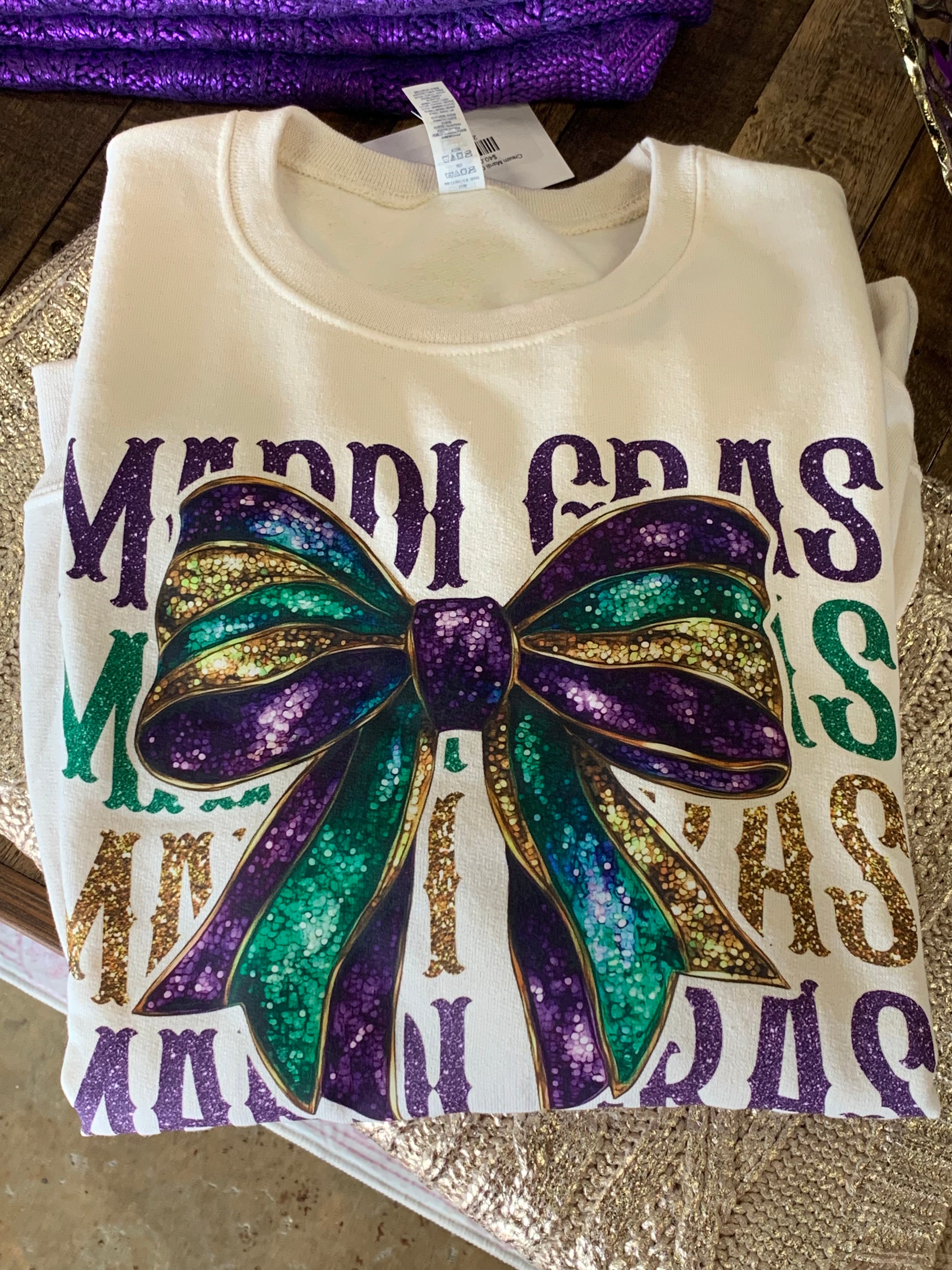 Cream Mardi Gras Bow Pullover