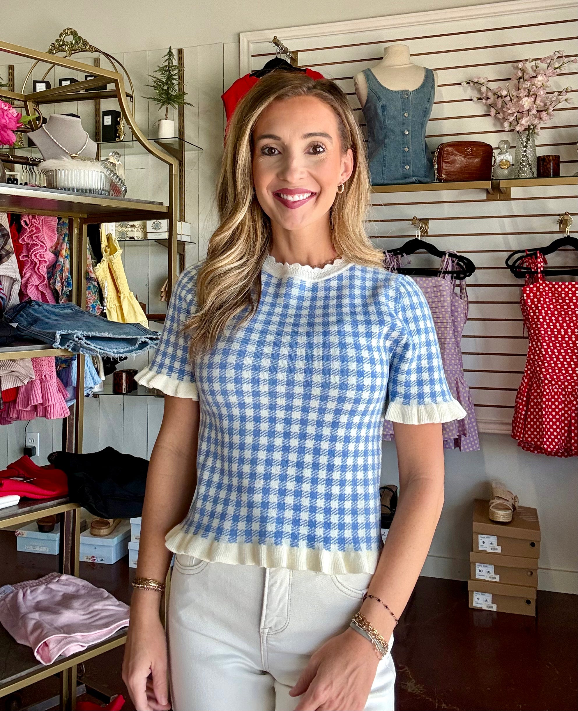 The Blue Gingham Ruffle Sleeve Top