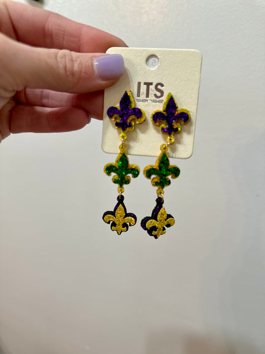 Mardi Gras Glittered Triple Fleur de Lis Link Dangle Earrings