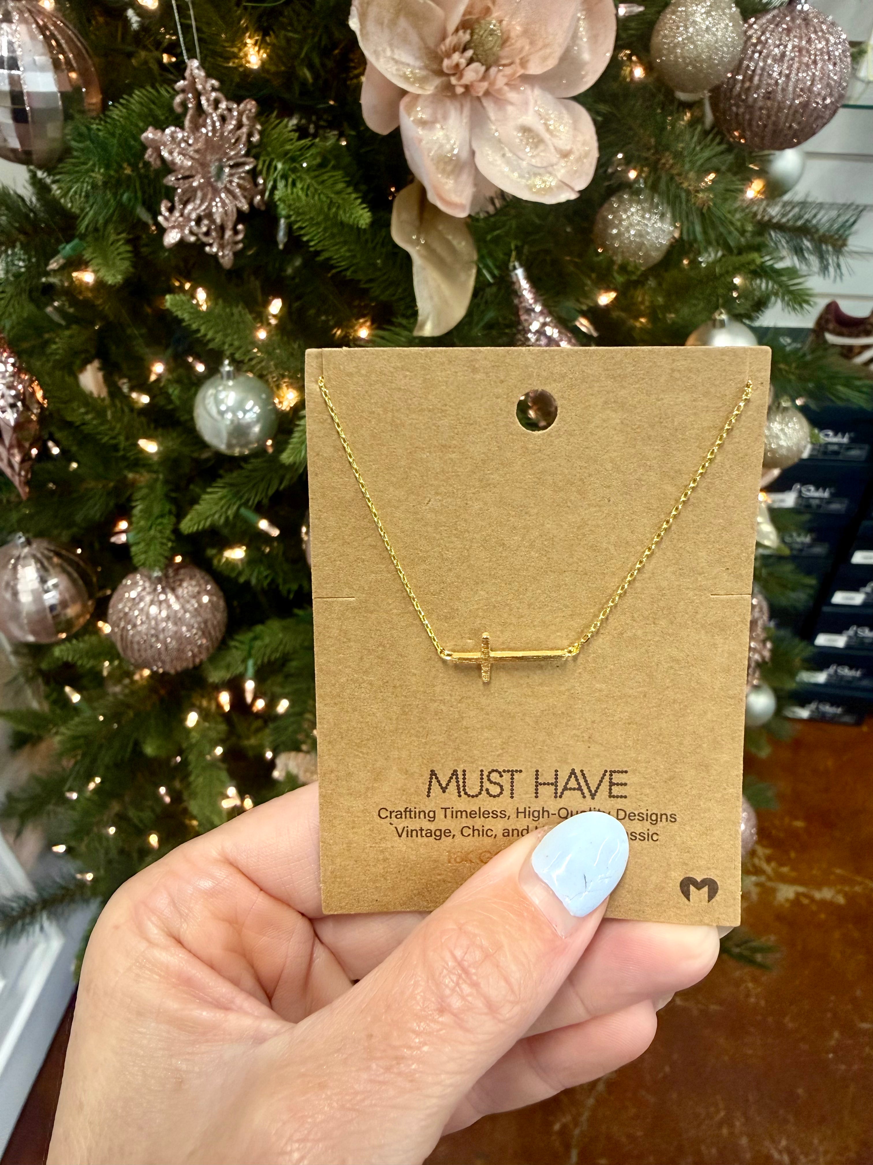 Gold Dipped Side Cross Pendant Necklace