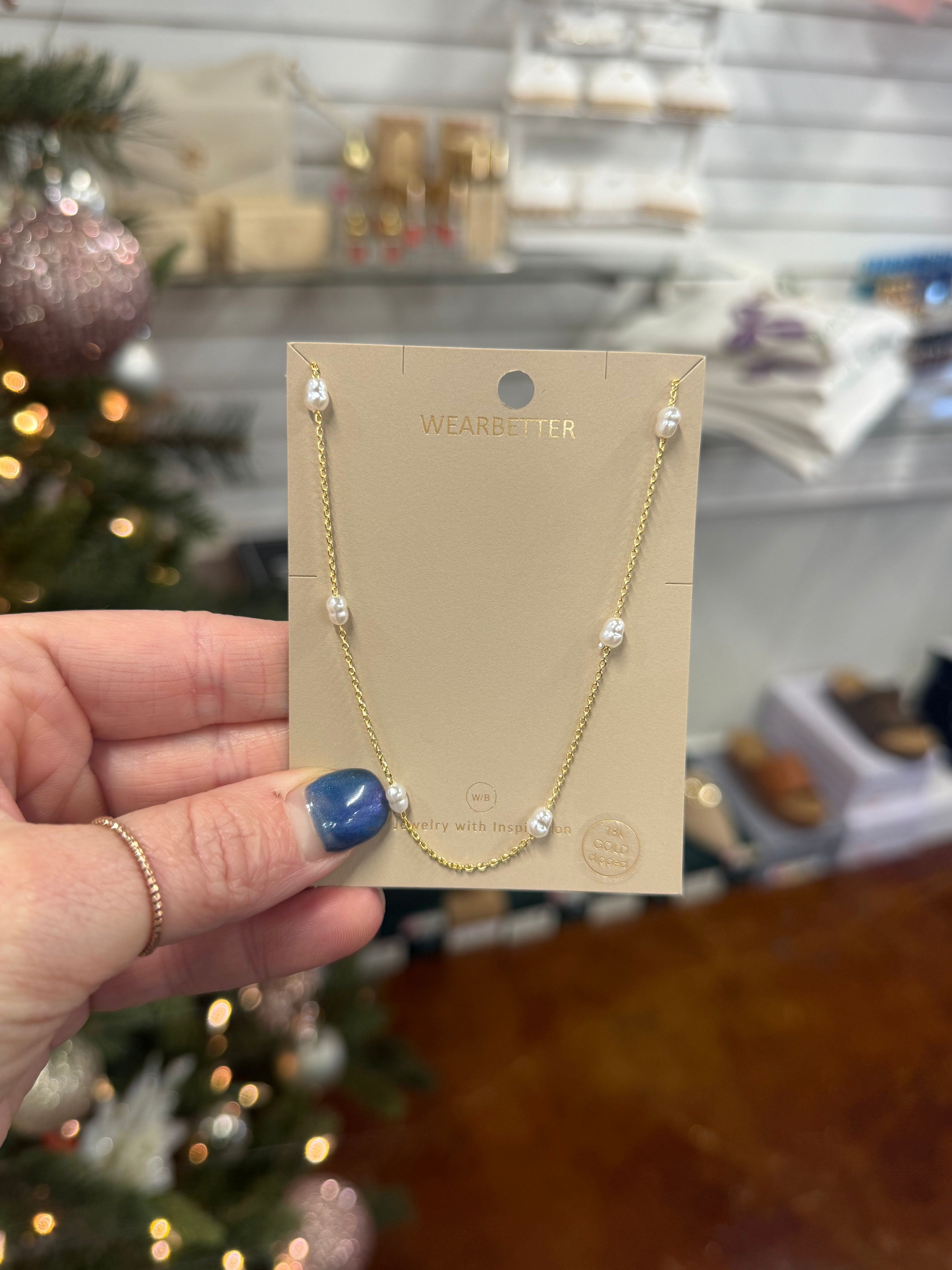 Gold Dipped Pearl Beads Station Chain Necklace