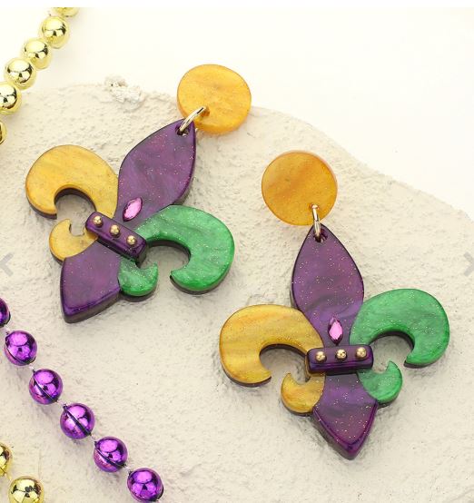 Glittered Resin Mardi Gras Fleur de Lis Dangle Earrings