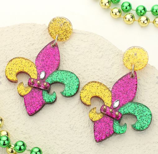 Glittered Resin Mardi Gras Fleur de Lis Dangle Earrings