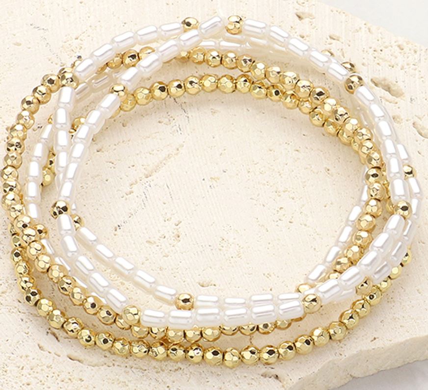 Pearl Metal Ball Beaded Stretch Multi Layered Bracelets