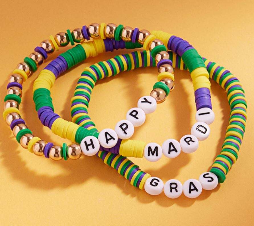 HAPPY MARDI GRAS Message Beaded Stretch Multi Layered Bracelets